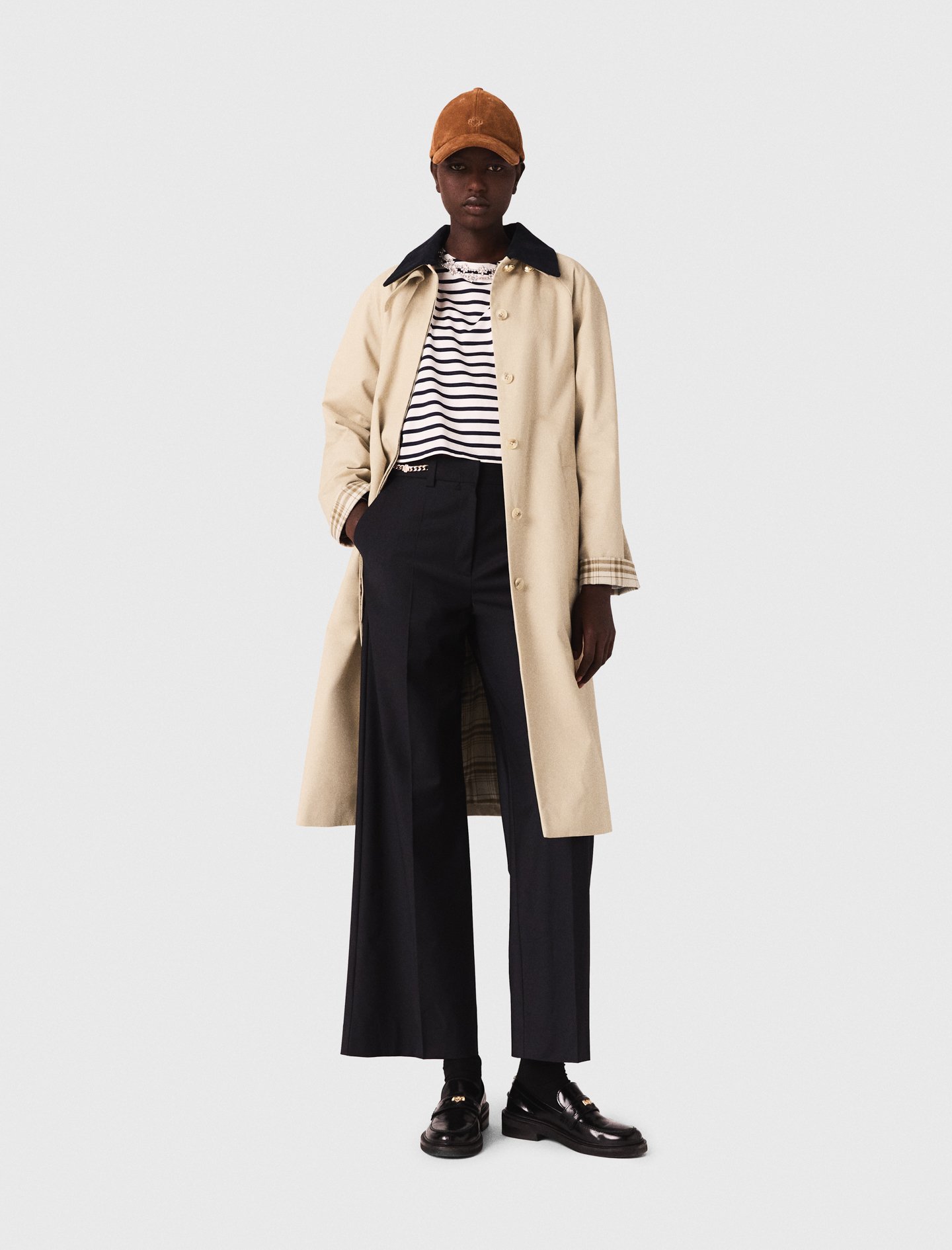 Maje Woman's cotton Contrast sleeve and collar trench for Fall/Winter, in color Beige / Beige
