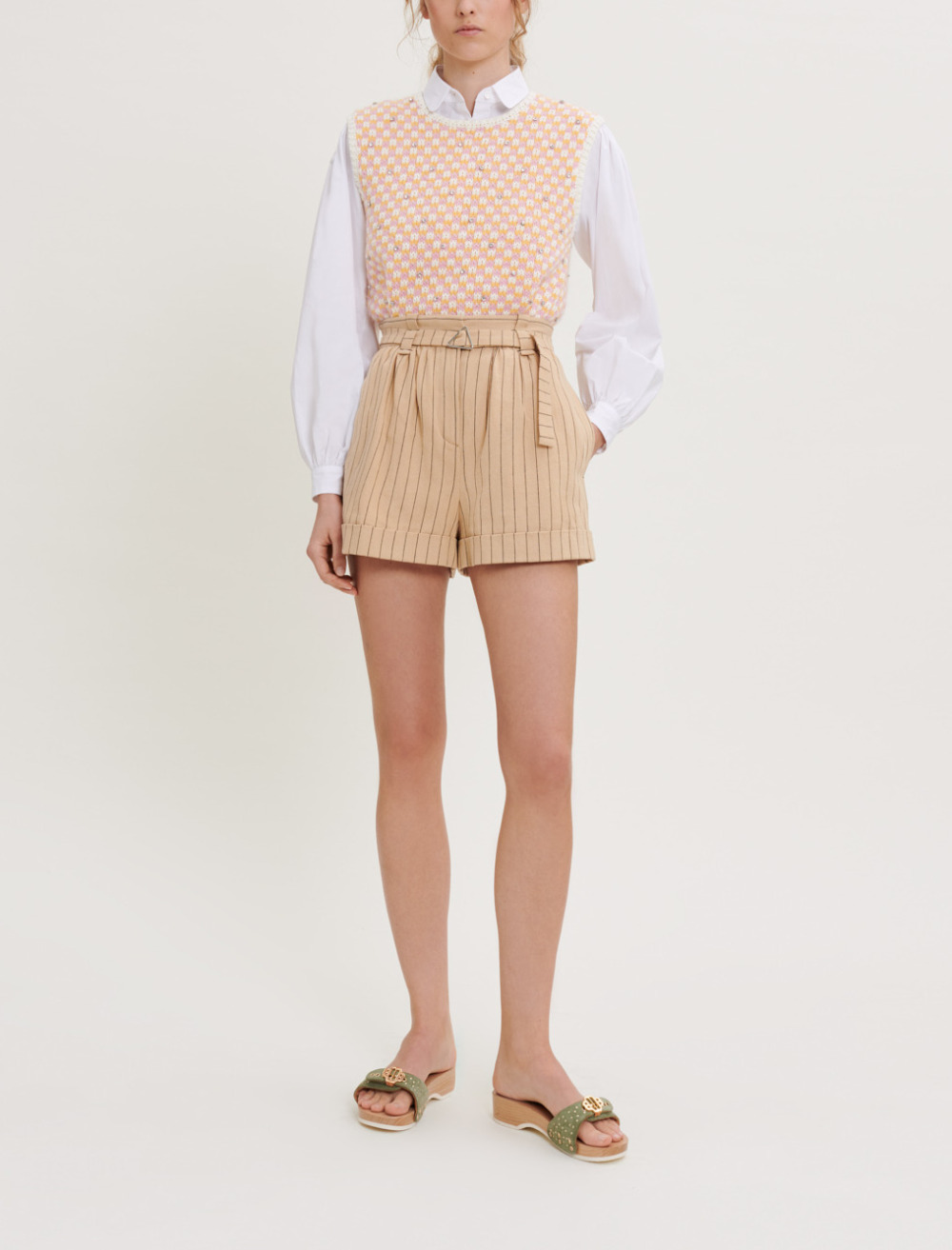 Woman's cotton, Belted striped shorts for Spring/Summer, size Woman-Offline_Skirts-Shorts-US L / FR 40, in color Beige / Beige