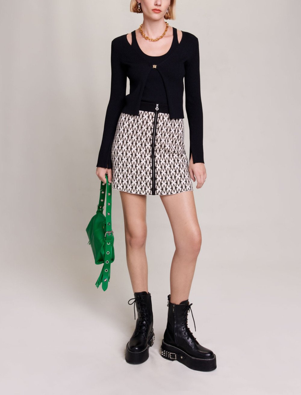 Maje Woman's cotton Short monogrammed skirt for Fall/Winter, in color Ecru Black /