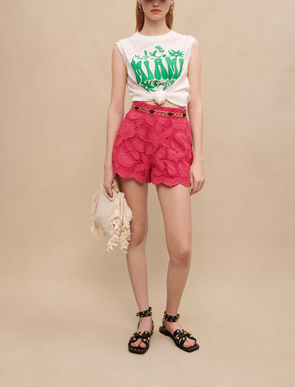 Woman
s cotton Lining: Openwork embroidered shorts for Spring/Summer, size Woman-See All-US XL / FR 41, in color Fuchsia / Red