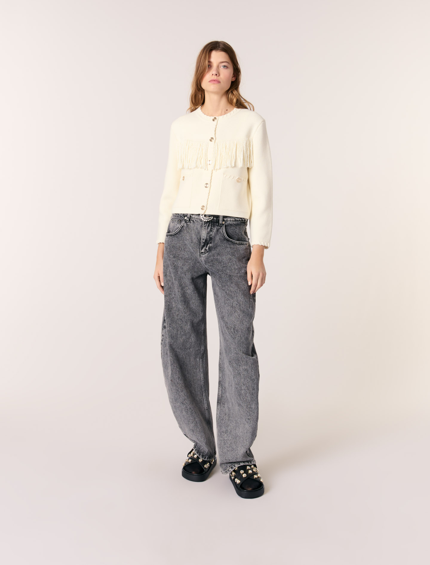 Maje Woman's cotton Fringed cardigan for Spring/Summer, in color Ecru / Beige
