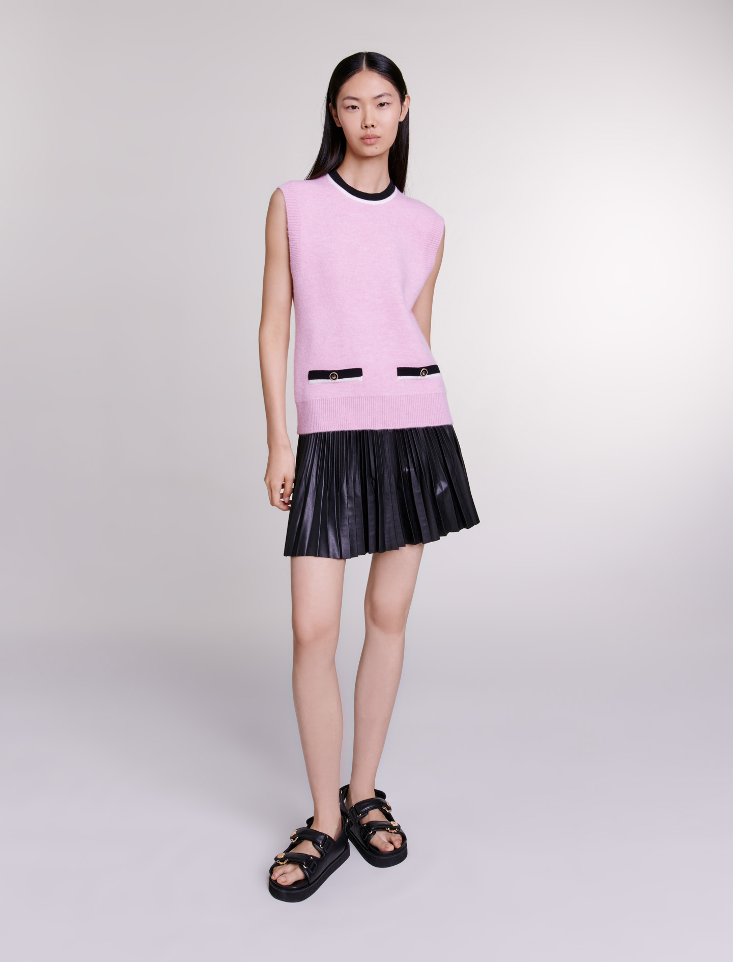 Maje Woman's acrylic, Sleeveless jumper for Spring/Summer, in color pink / black /