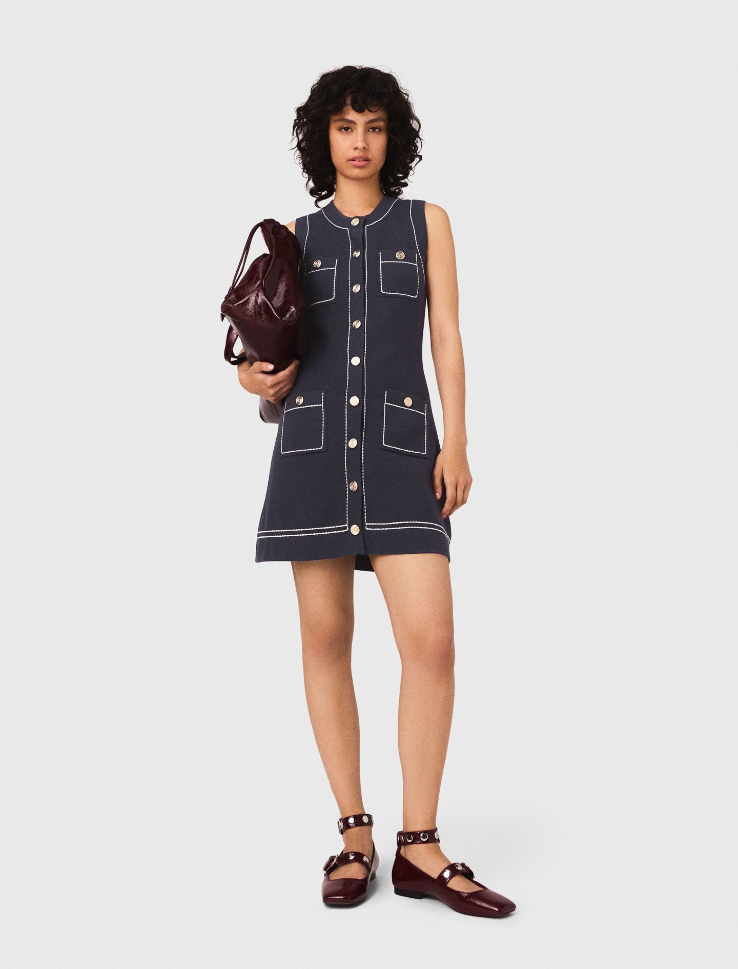 Woman's cotton Topstitched knit shift dress for Fall/Winter, size Large, in color Navy / Blue