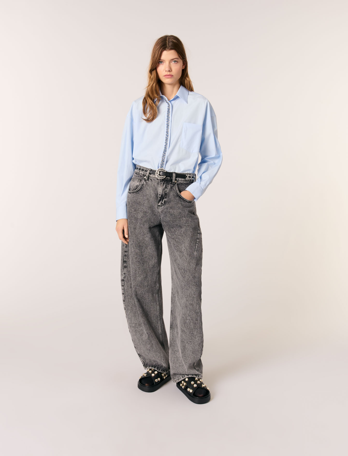 Maje Woman's cotton Poplin shirt with rhinestones for Spring/Summer, in color Blue / Blue