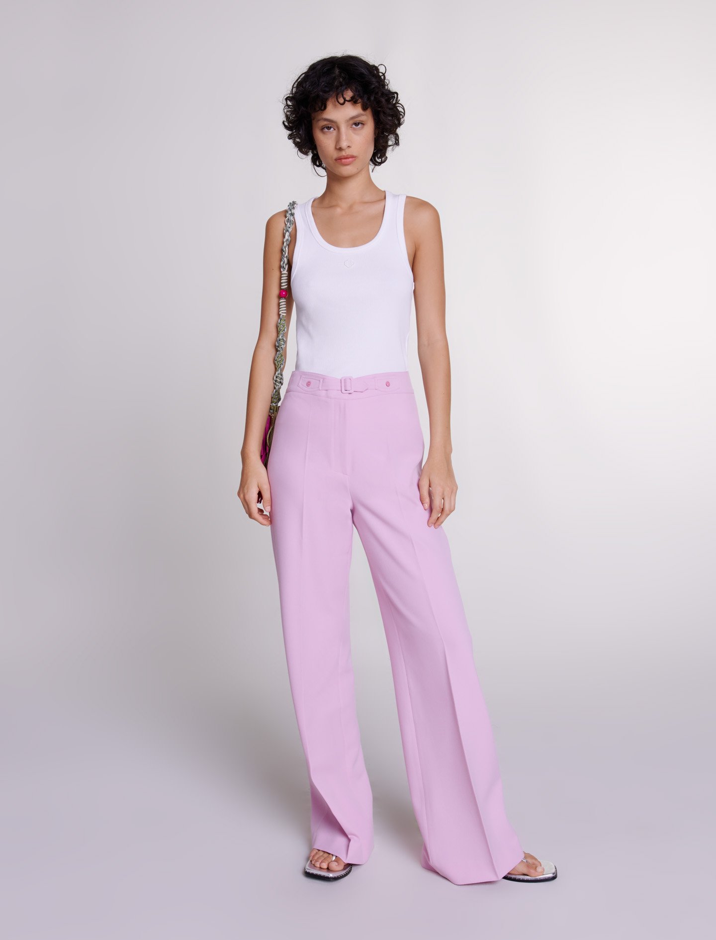 Woman's polyester, Wide-leg suit trousers for Spring/Summer, size Woman-Pants & Jeans-US XL / FR 41, in color Pale Pink / Red