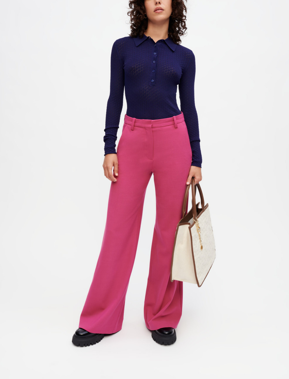 Woman
s wool, Wide-leg stretch tailoring pants for Fall/Winter, size Woman-See All-US L / FR 40, in color rosewood /