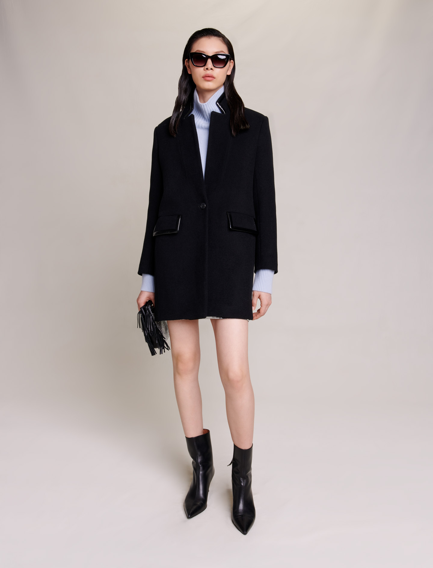 Maje Woman's wool, Mid-length coat for Fall/Winter, in color Black / Black
