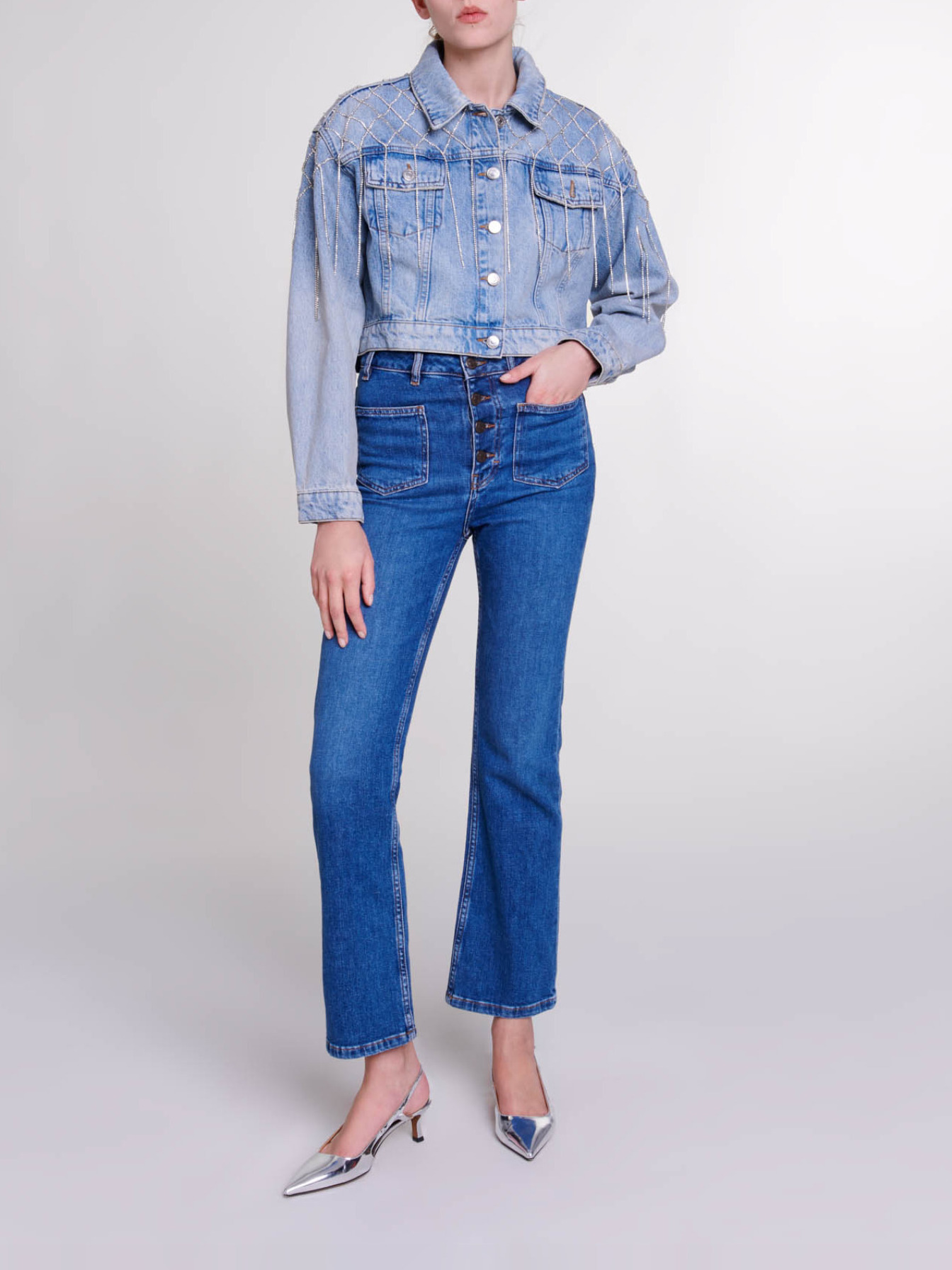 Maje Woman's cotton Denim jacket with rhinestones for Spring/Summer, in color Blue / Blue