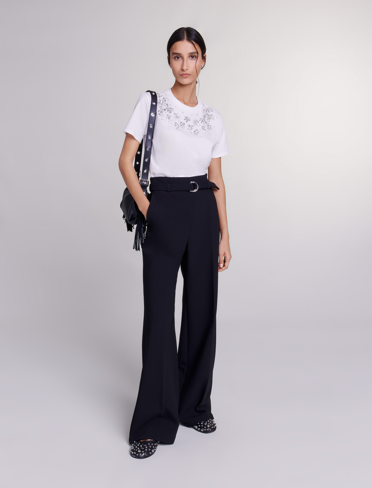 Maje Woman's polyester, Wide leg pants with belt for Spring/Summer, in color Black / Black