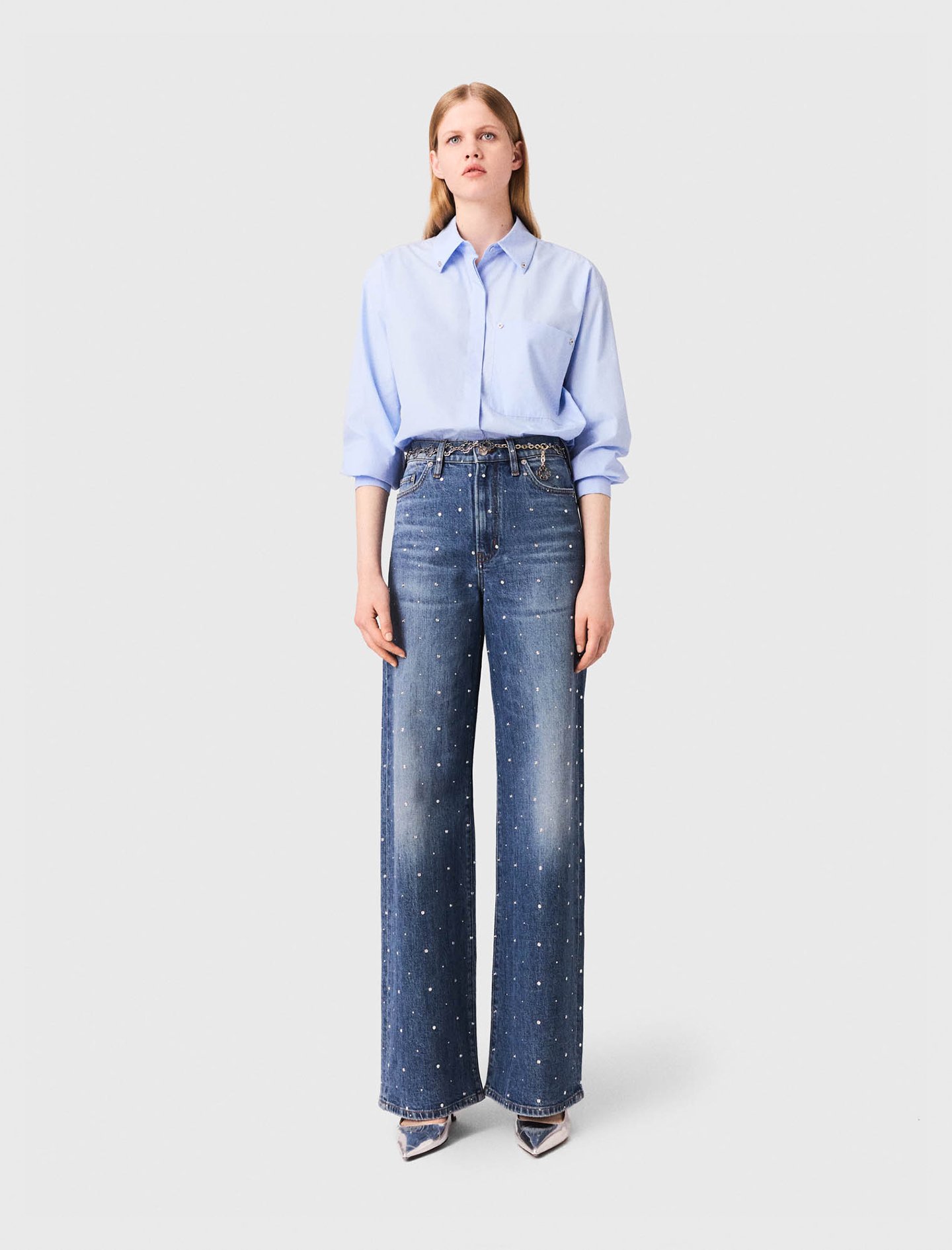 Maje Woman's cotton Wide-leg denim jeans with studs for Fall/Winter, in color Blue / Blue