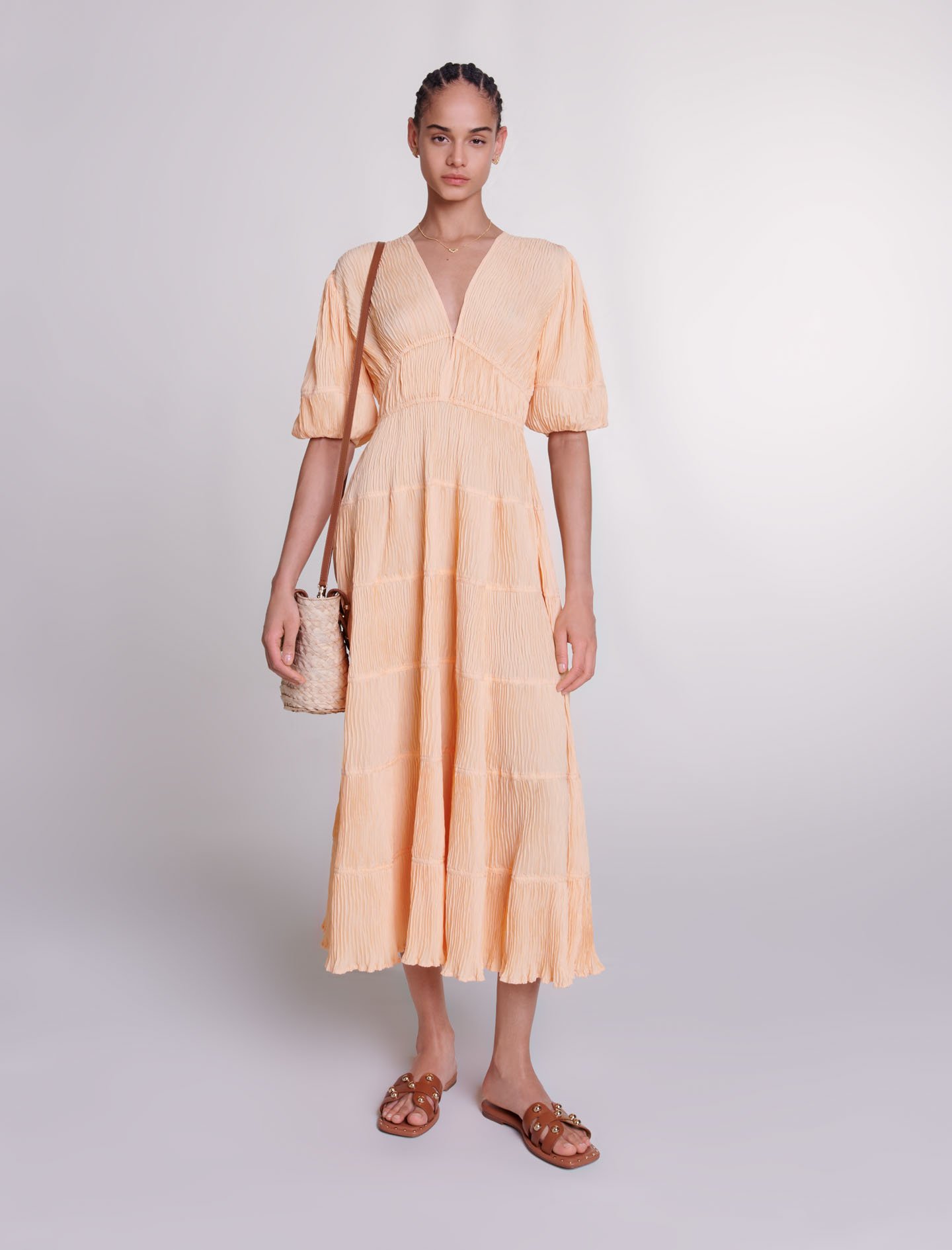 Maje Woman's Polyester Buttons: Pleated Maxi Dress For Spring/summer In Pale Orange /