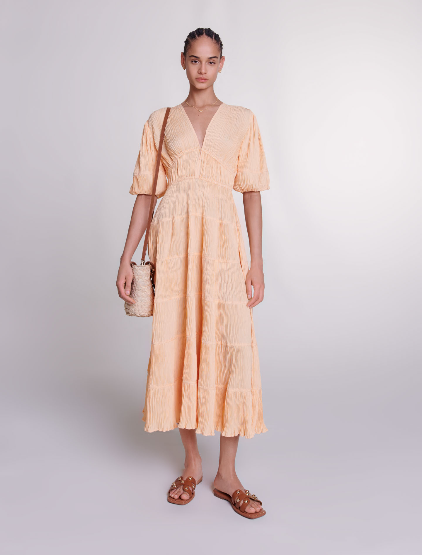 Maje Woman's polyester Buttons: Pleated maxi dress for Spring/Summer, in color Pale orange /
