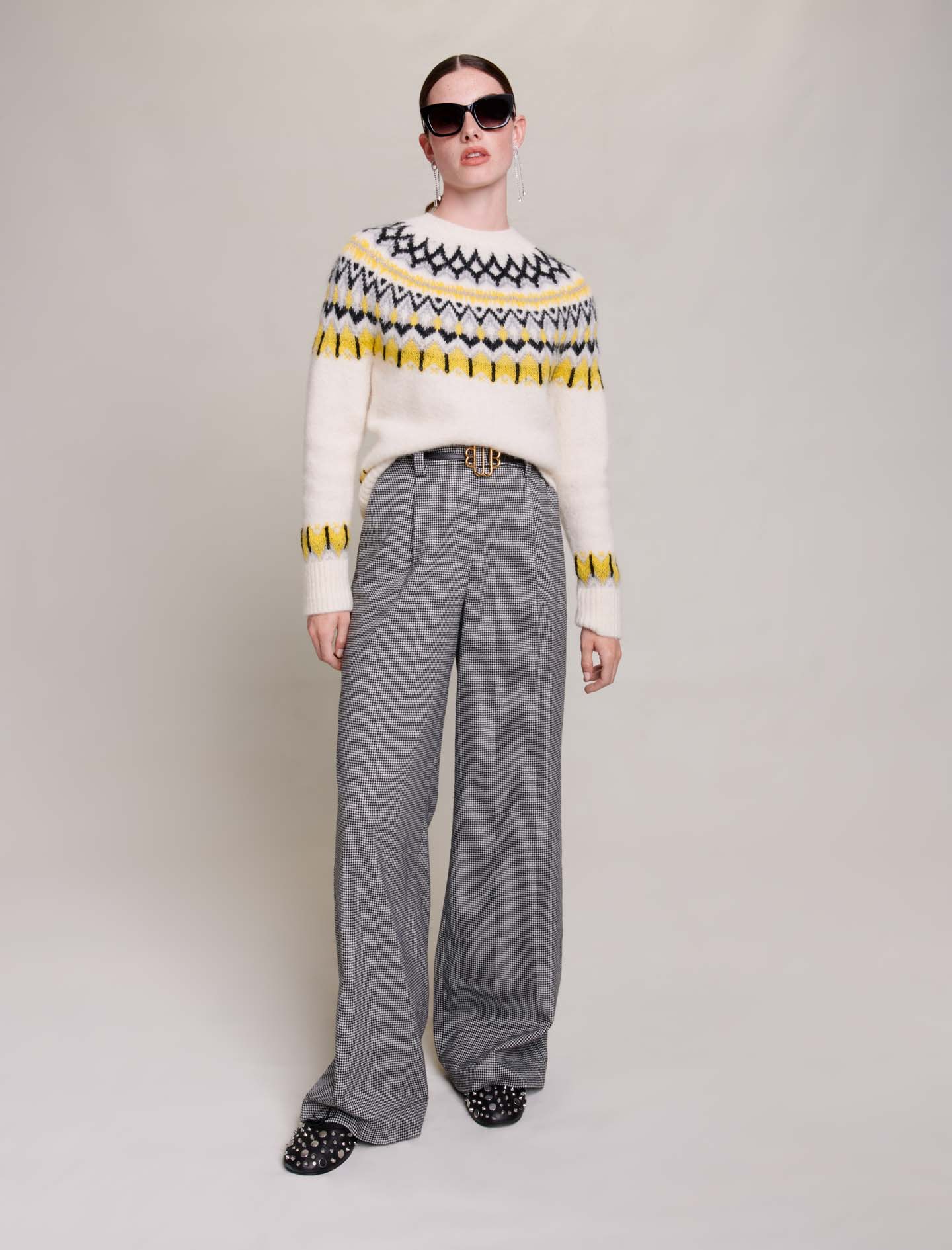 Maje Woman's alpaca, Jacquard wool jumper for Fall/Winter, in color Ecru / Yellow /