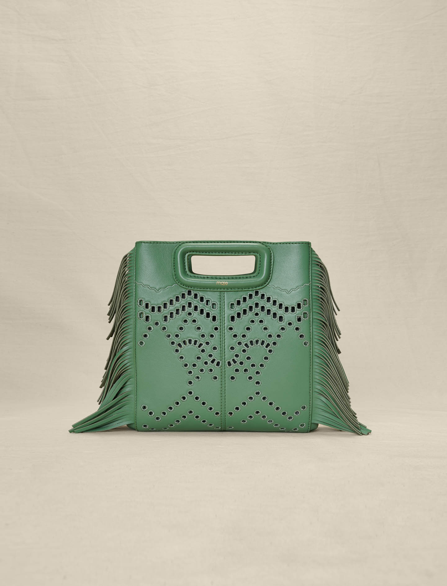 Perforated, fringed leather M bag Green For Women | Maje