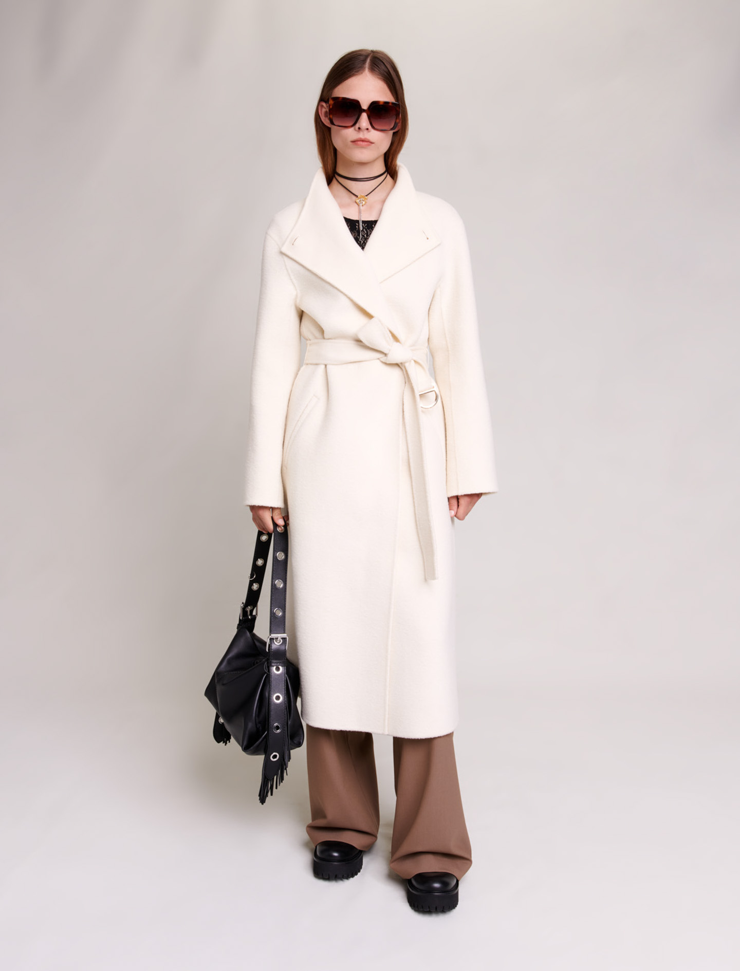 Maje Woman's wool, Mid-length coat with tie fastening for Fall/Winter, in color Ecru / Beige