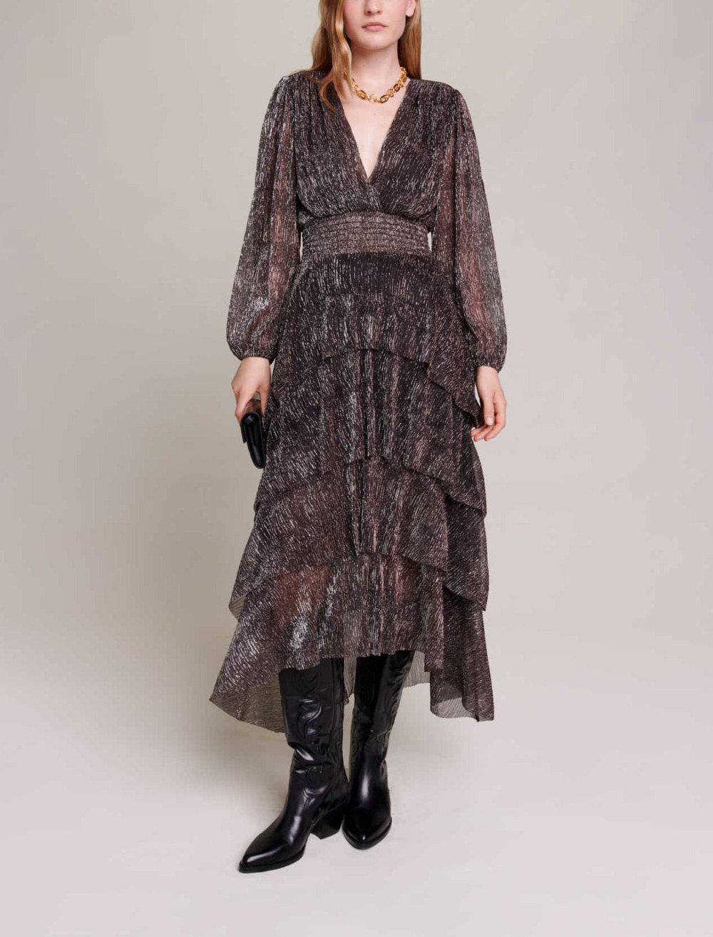 Woman
s polyester, Ruffled maxi dress for Fall/Winter, size Woman-See All-US XL / FR 41, in color Brown / Brown