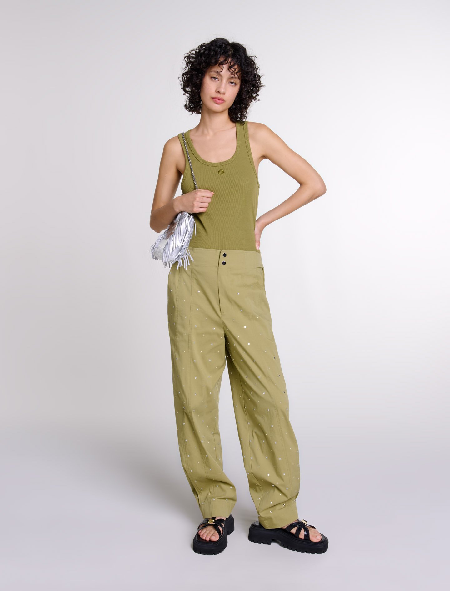 Woman's cotton, Studded baggy trousers for Fall/Winter, size Woman-Pants & Jeans-US XL / FR 41, in color Khaki / Beige