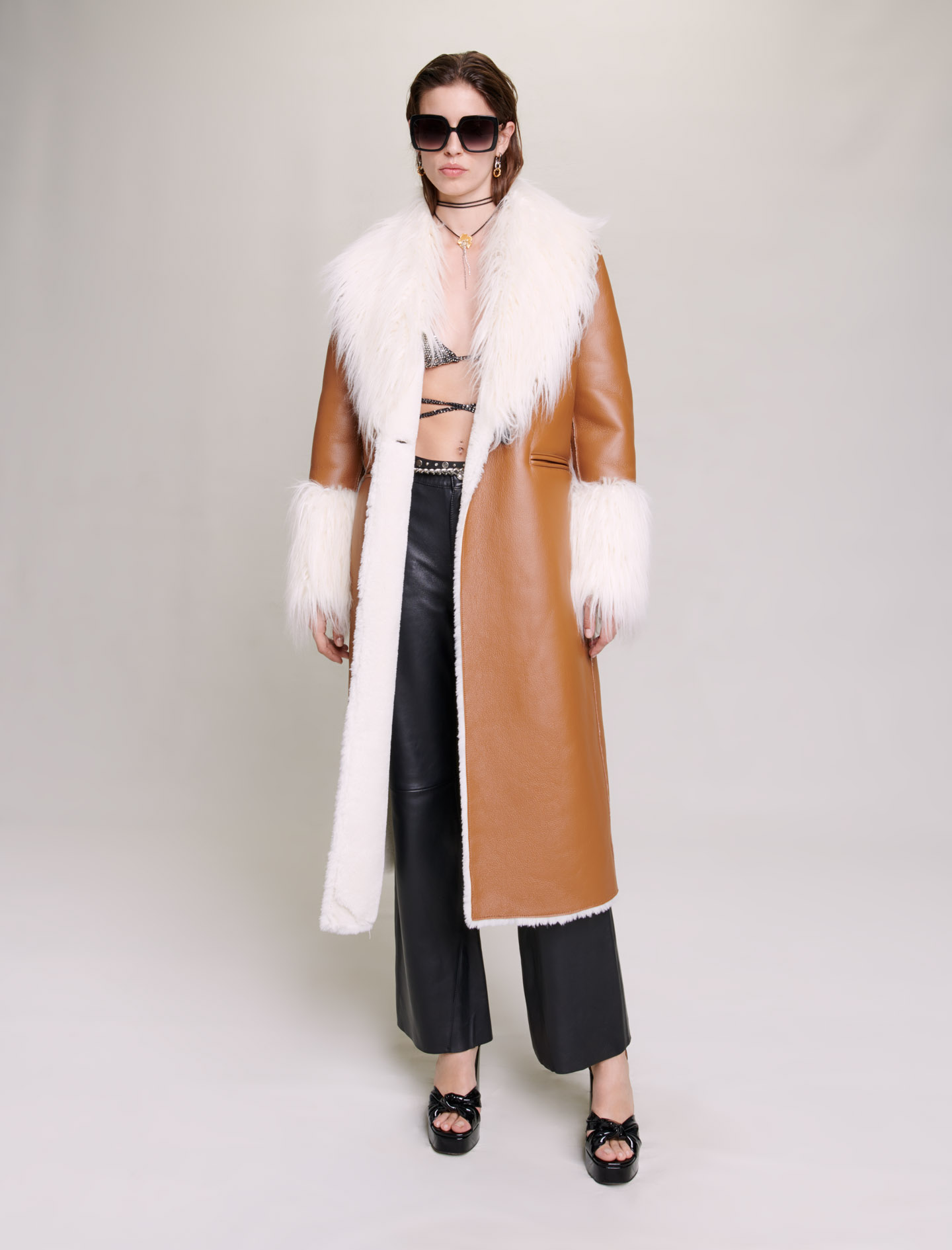 Maje Woman's polyester Coating: Long faux fur coat for Fall/Winter, in color Camel / Brown
