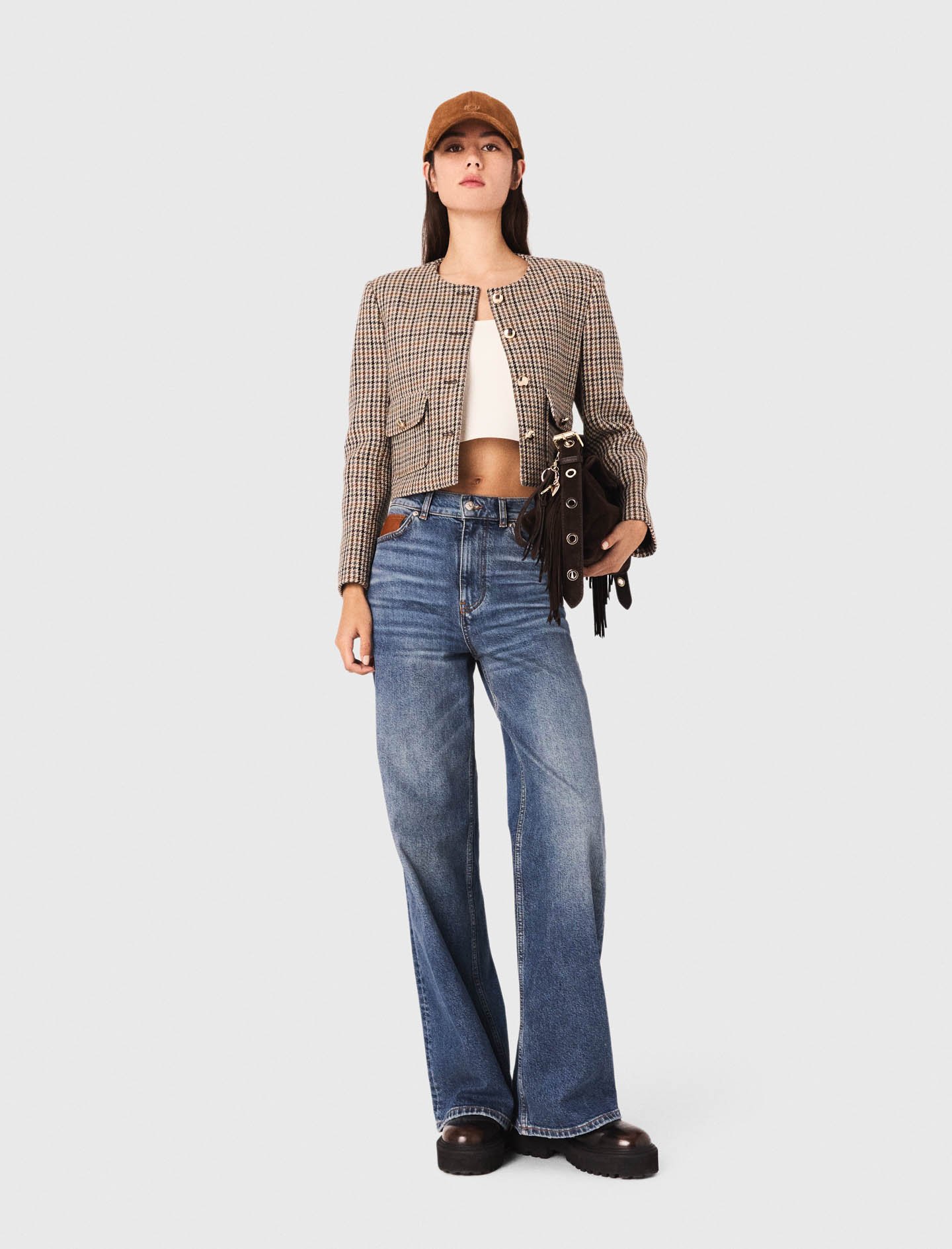Woman's wool Short checked jacket for Fall/Winter, size Extra Extra Large, in color Beige / Beige