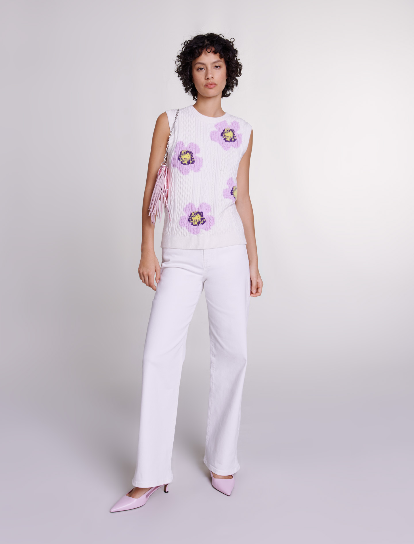 Maje Woman's viscose, Floral sleeveless jumper for Spring/Summer, in color Ecru / Beige
