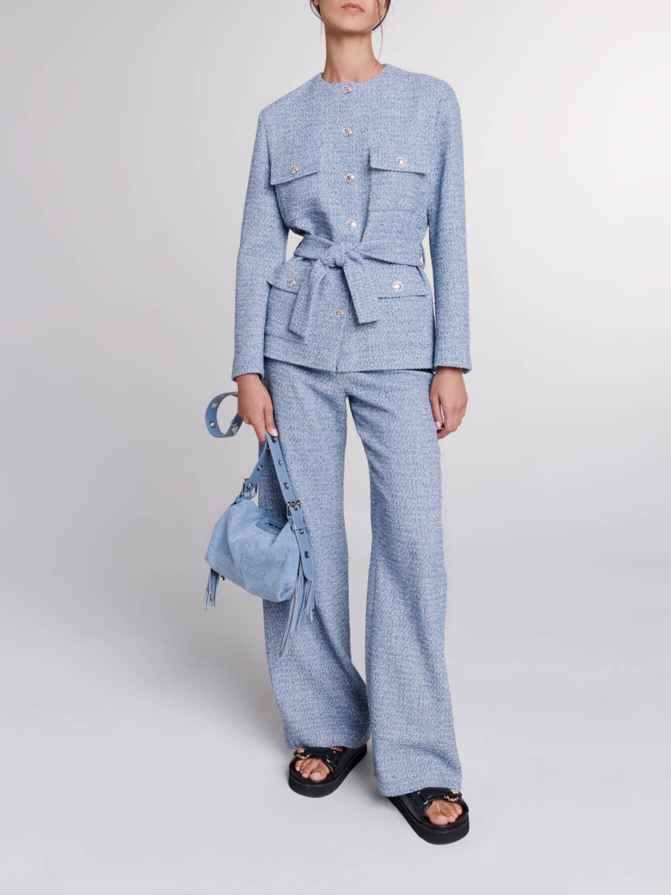 Maje Woman's cotton Belted tweed jacket for Spring/Summer, in color Blue / Blue