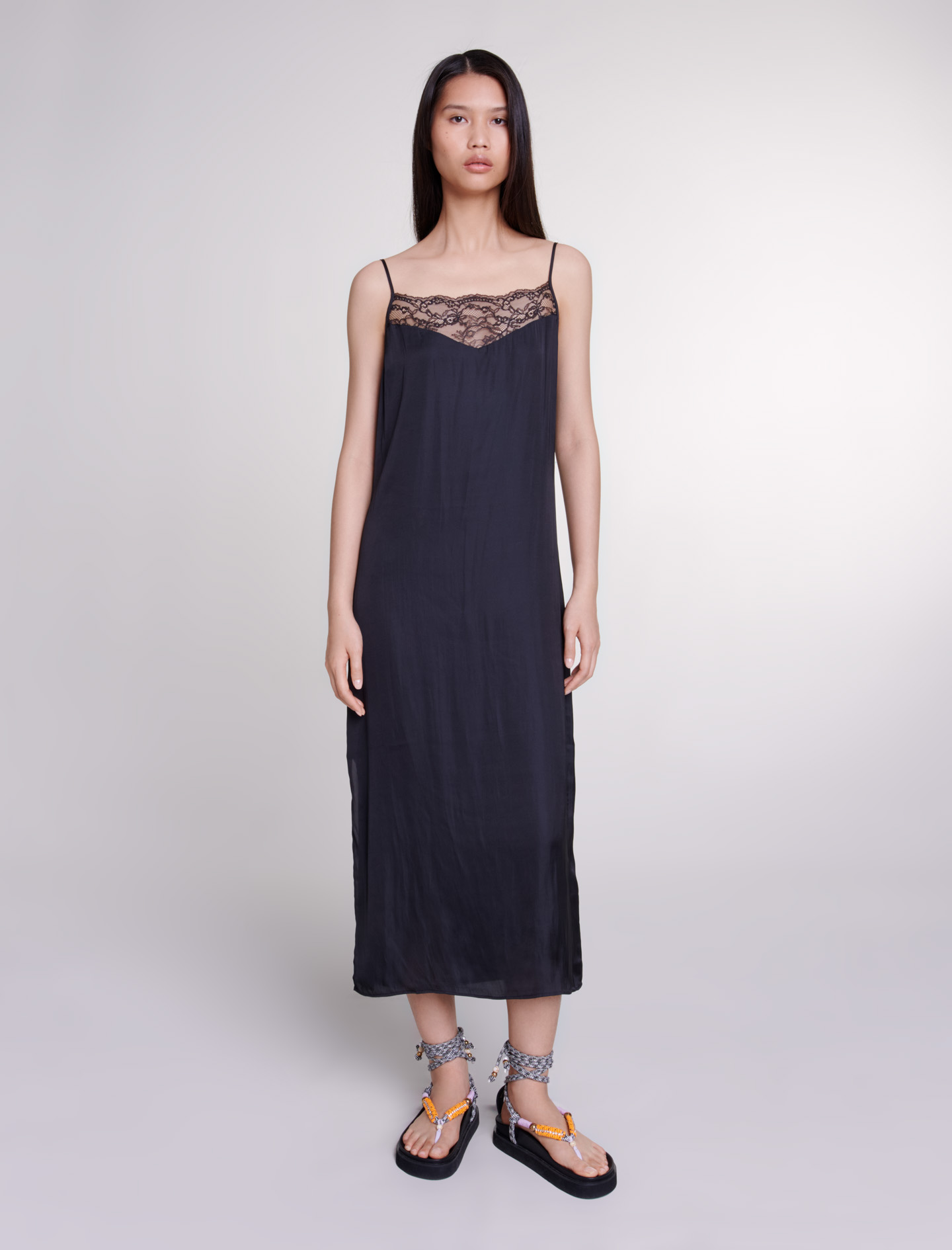 Maje Woman's polyester Lace: Long satin dress for Spring/Summer, in color Black / Black