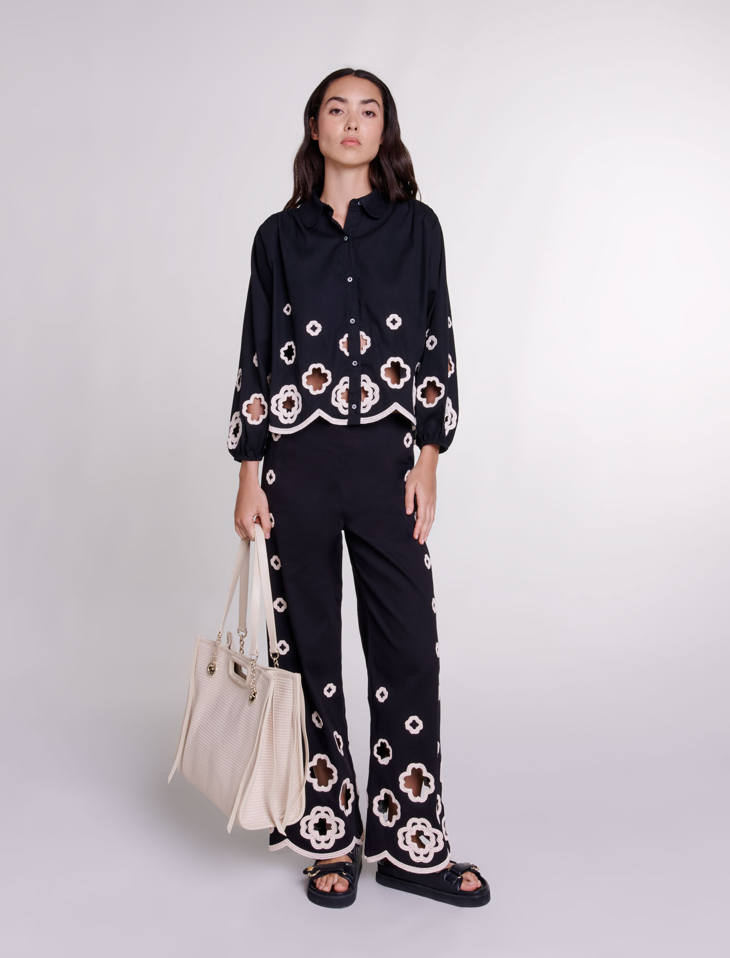 Maje Woman's cotton Embroidery: Crochet Clovers shirt for Spring/Summer, in color Black / Black