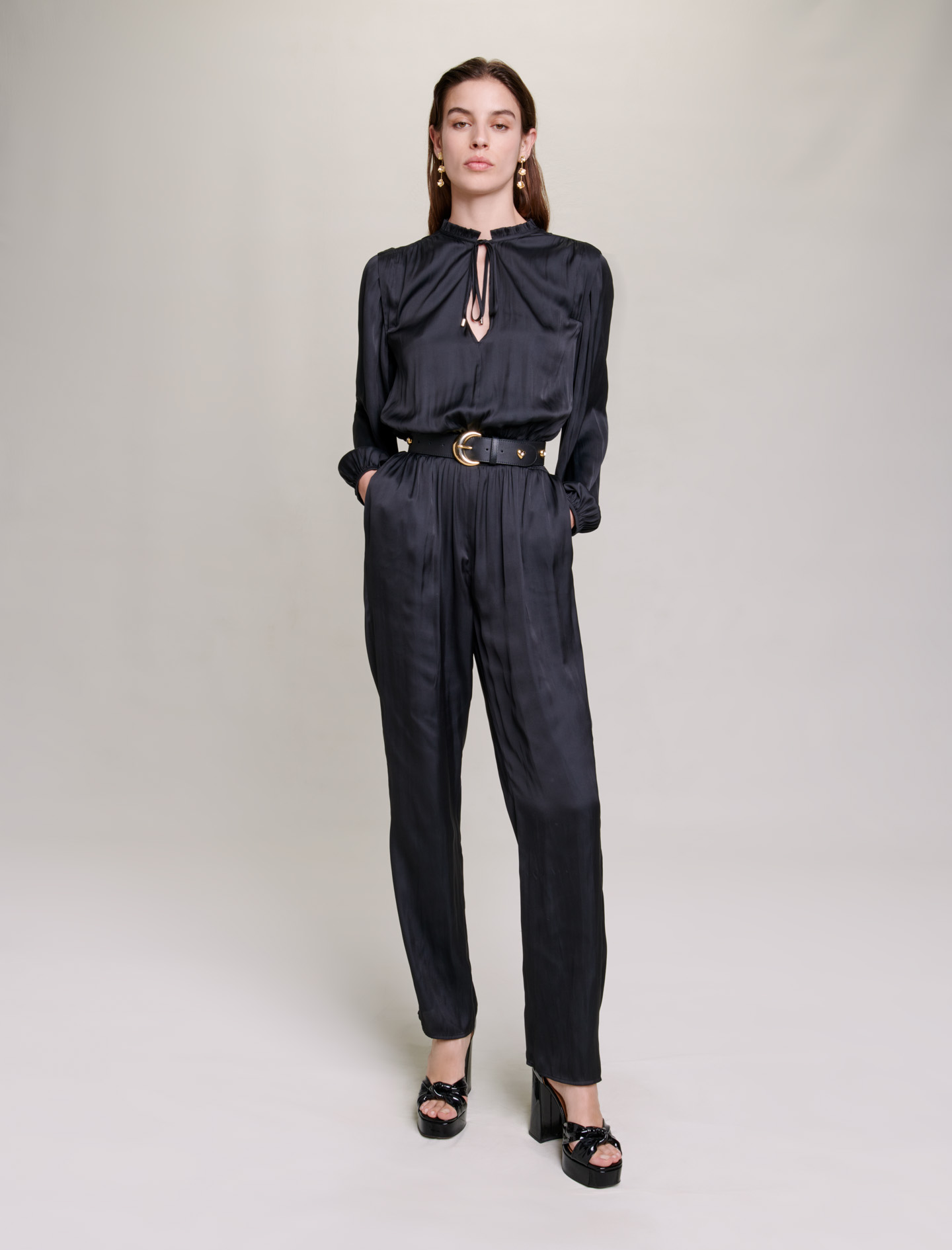 Maje Woman's polyester Long black cinched jumpsuit for Fall/Winter, in color Black / Black