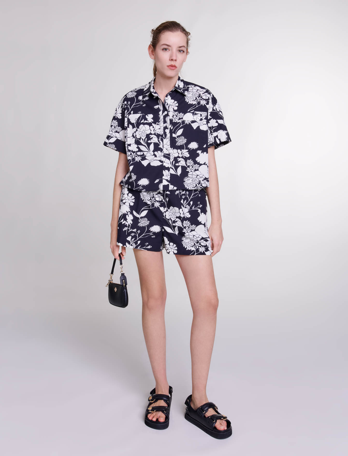 Woman's cotton Patterned cropped shirt for Spring/Summer, size Woman-Tops & Shirts-US L / FR 3, in color Floral ecru black print /