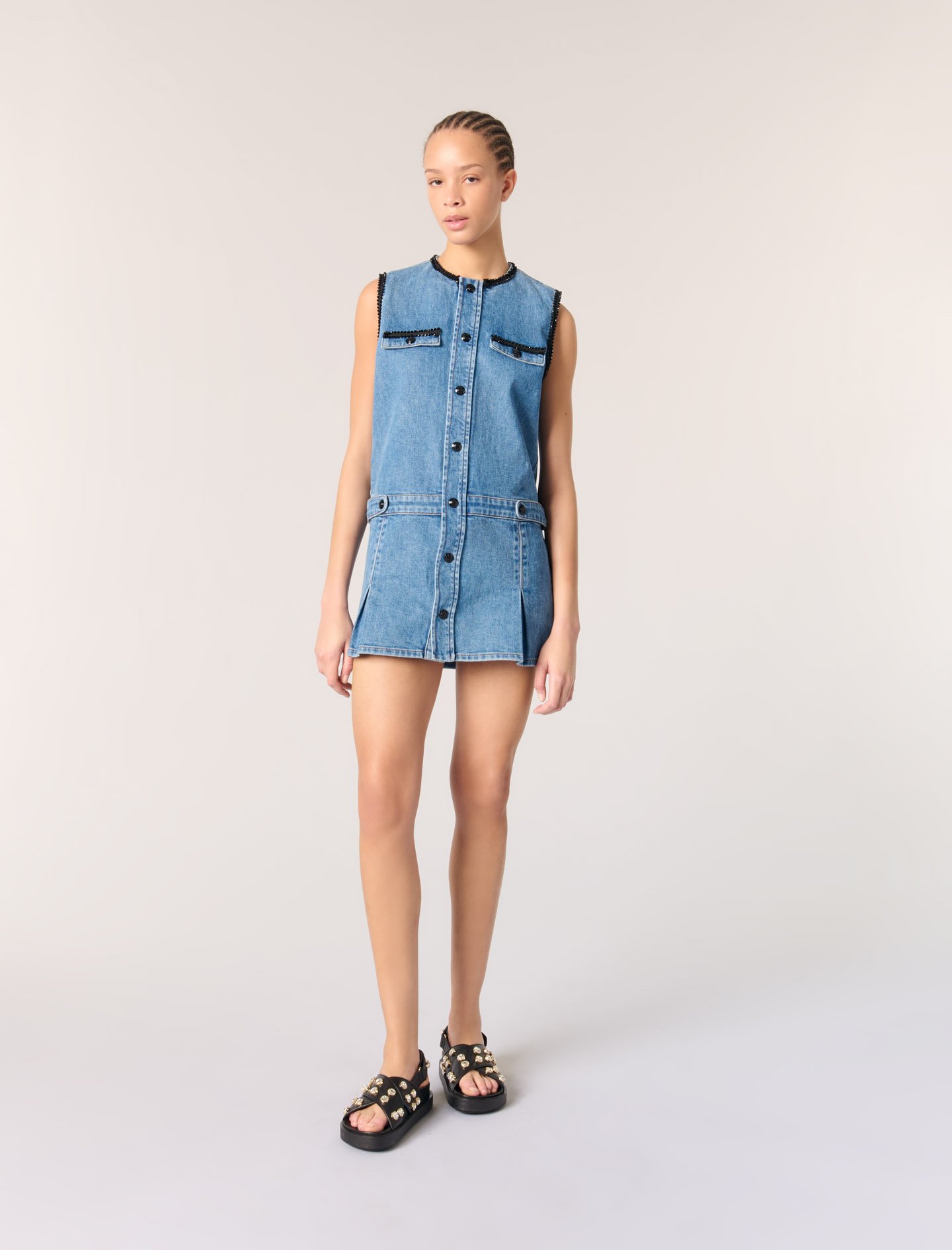 Woman's cotton Denim dress with embroidered trim for Spring/Summer, size Large, in color Blue / Blue