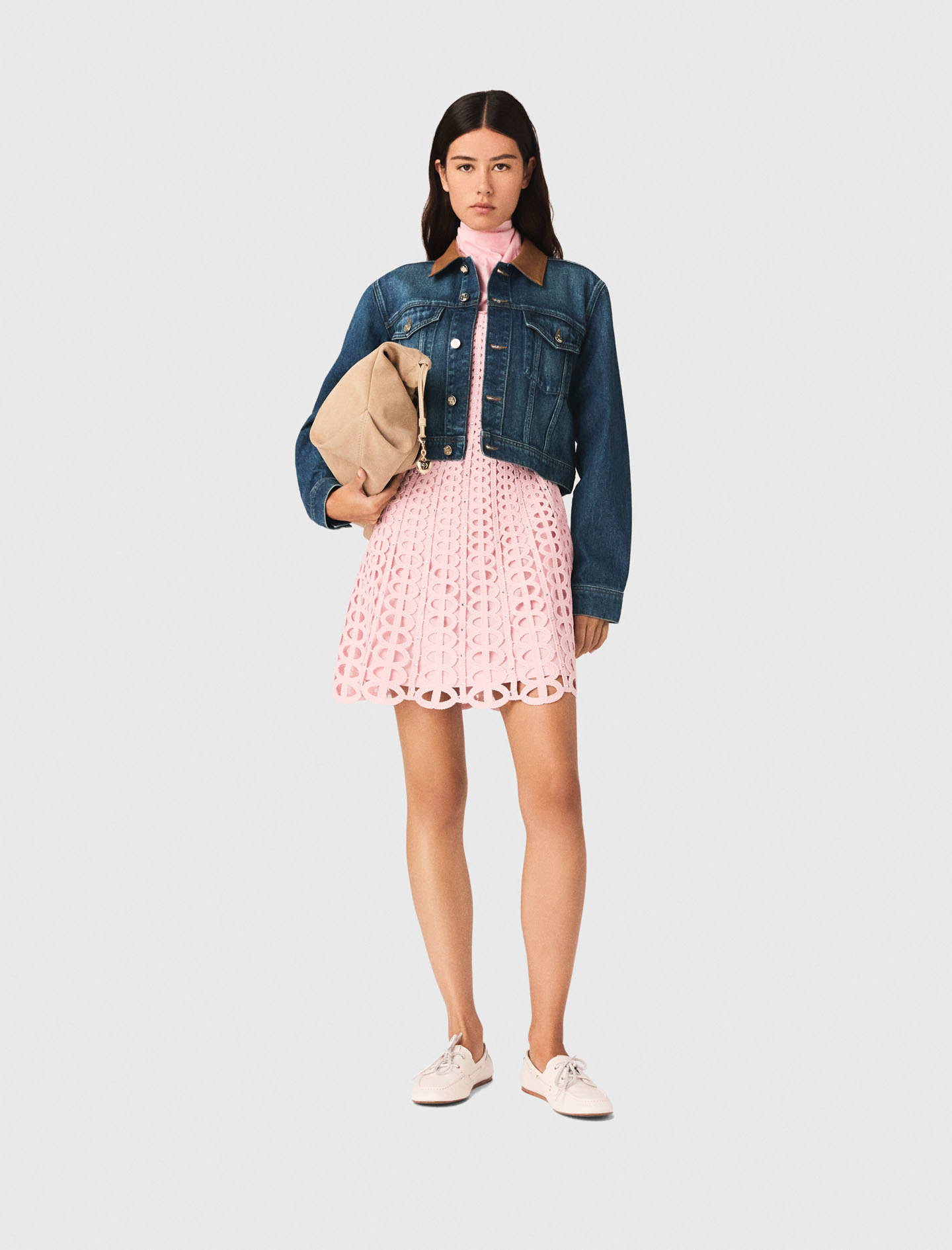 Denim jacket with leather collar