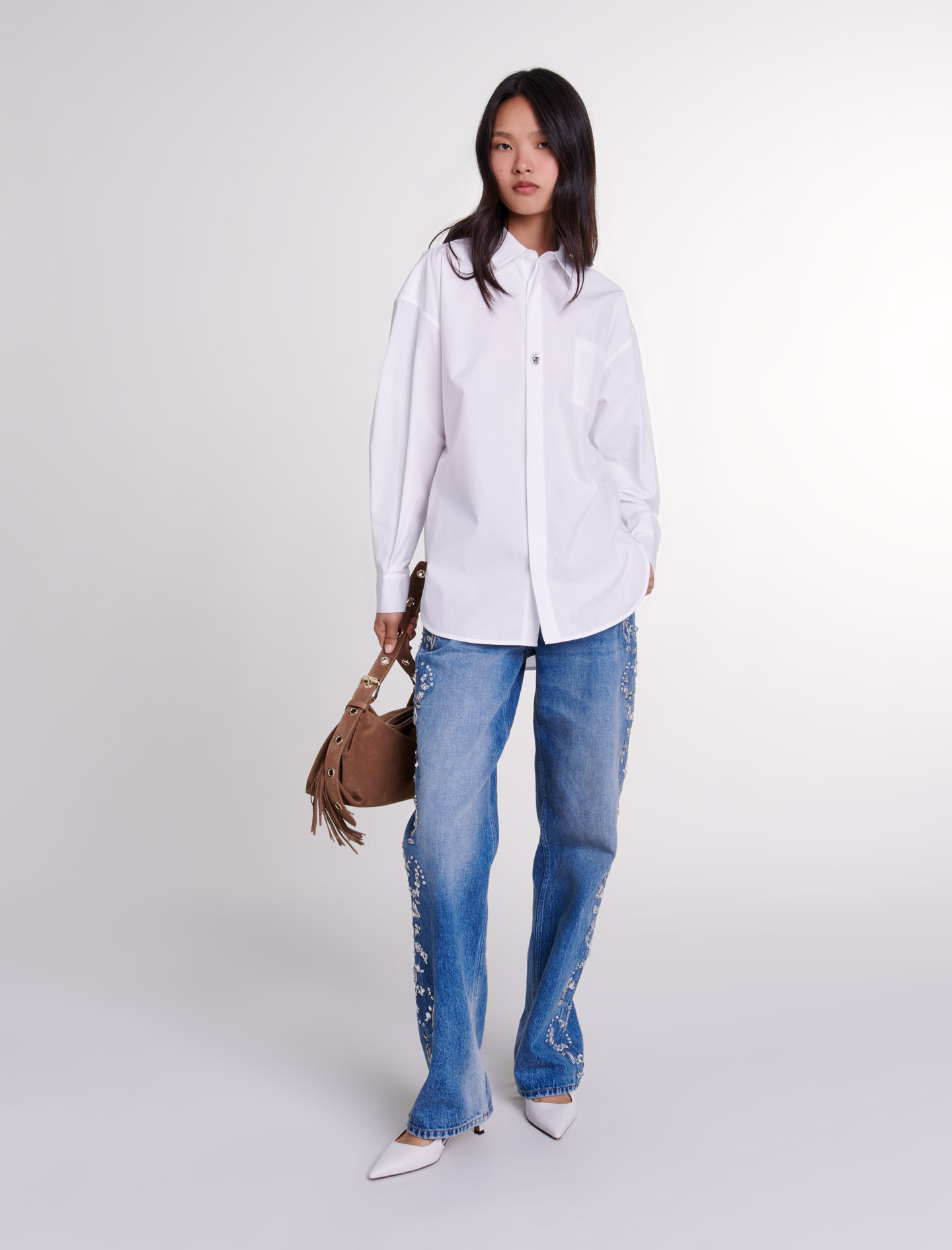 Woman's cotton Oversized poplin shirt for Fall/Winter, size Woman-Officewear-US L / FR 3, in color White / White