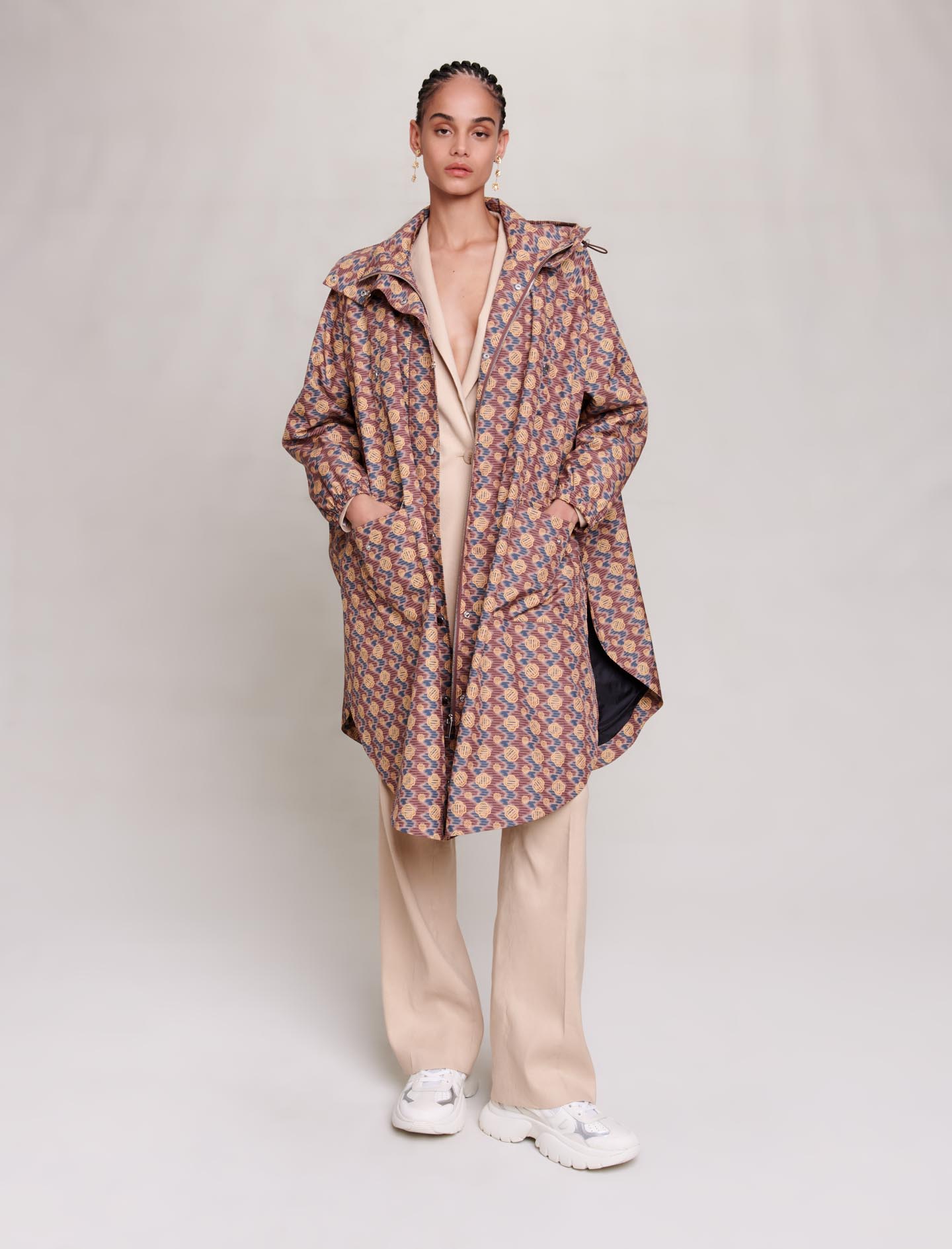 Maje Woman's polyester Lining: Monogram coat for Fall/Winter, in color Brown monogram print /
