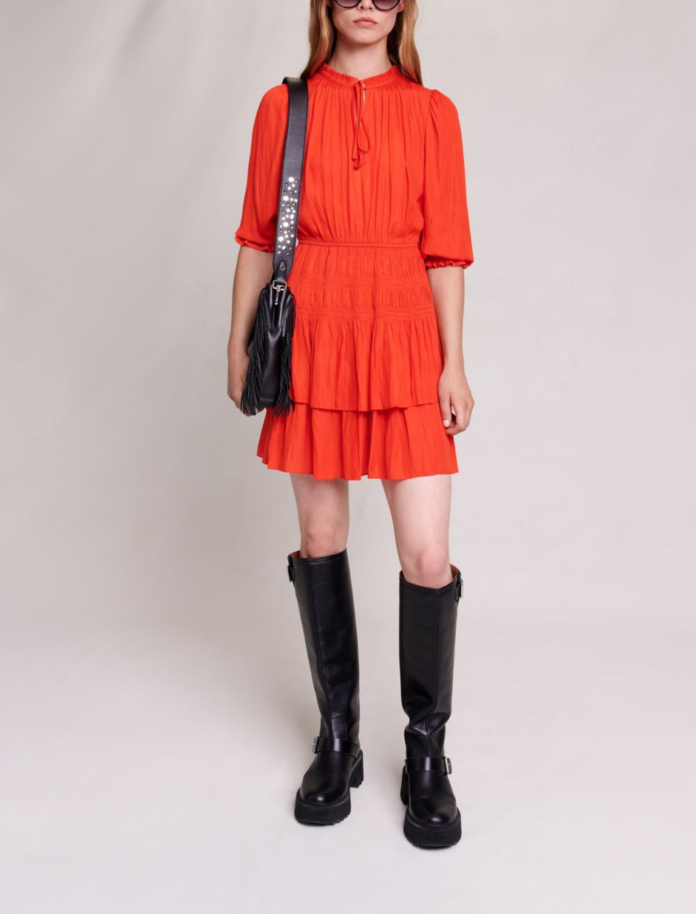 Maje Woman's polyester Short satin smocked dress for Fall/Winter, in color Red poppy /