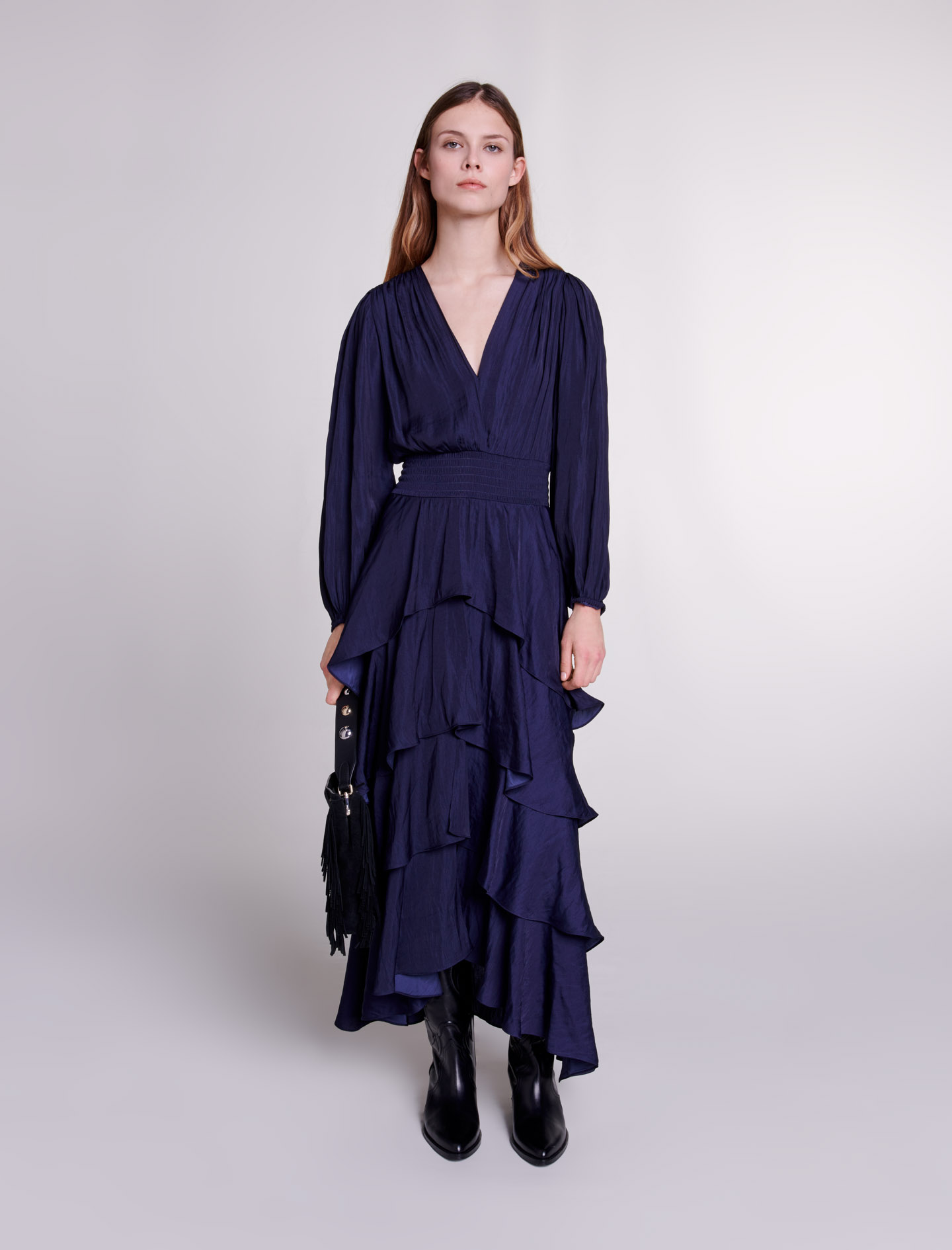 Maje Woman's polyester Ruffled maxi dress for Fall/Winter, in color Navy / Blue