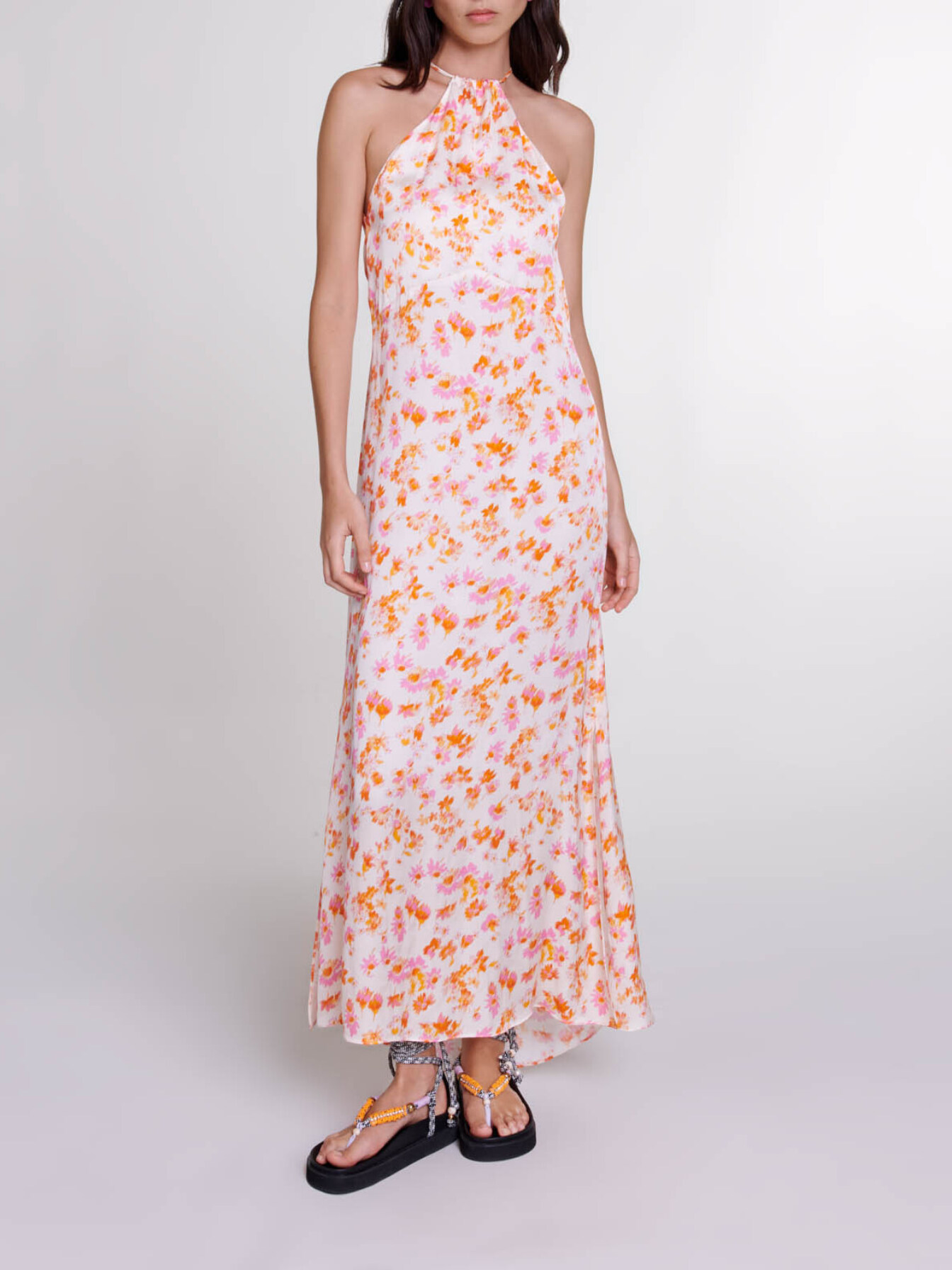Maje Woman's viscose Floral satin-effect maxi dress for Spring/Summer, in color sping orange flower print /