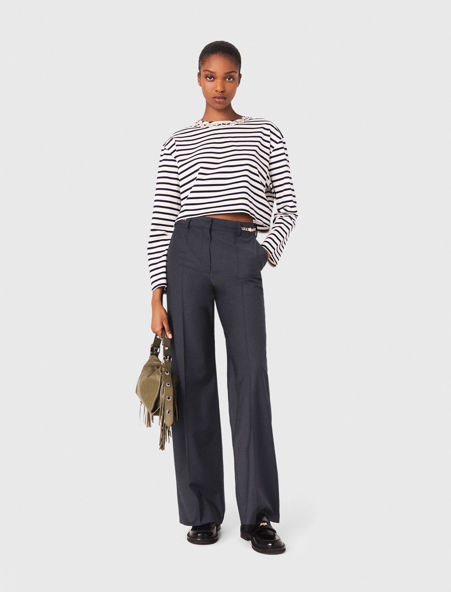 Maje Woman's polyester Suit trousers with chain detail for Fall/Winter, in color Navy / Blue