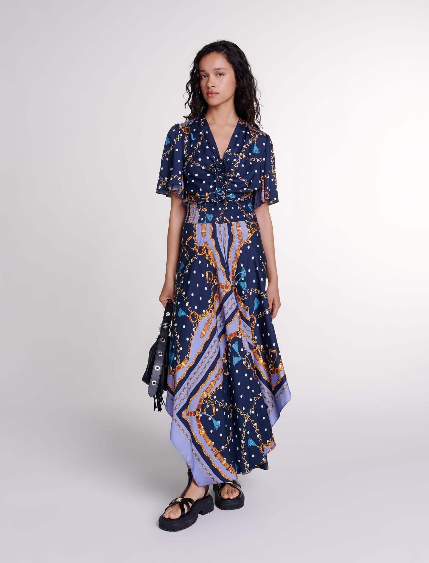 Woman's viscose Satin-look patterned maxi dress for Fall/Winter, size Woman-Dresses-US XL / FR 41, in color Chain scarf print blue /