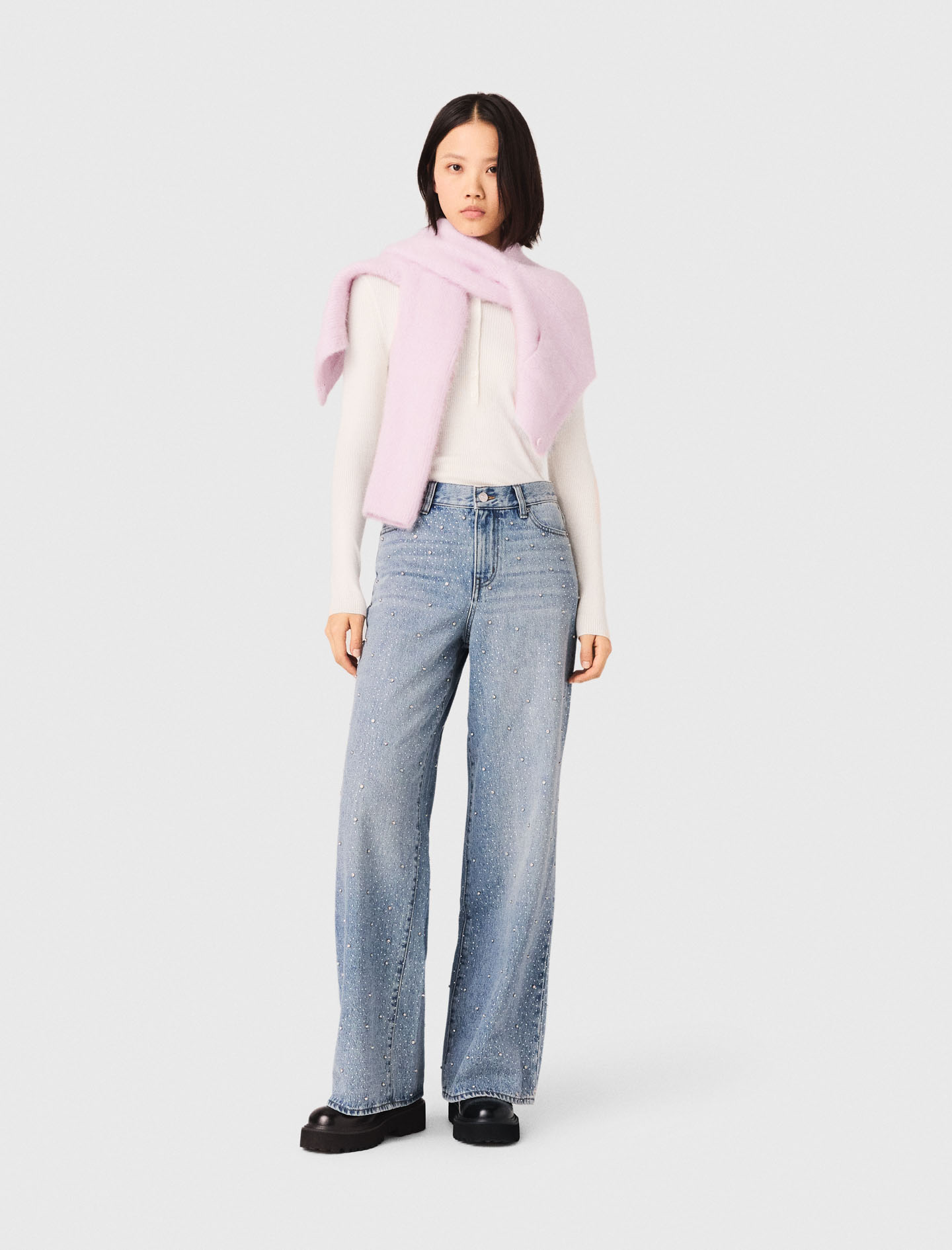 Wide-leg all-over rhinestone jeans Blue For Women | Maje