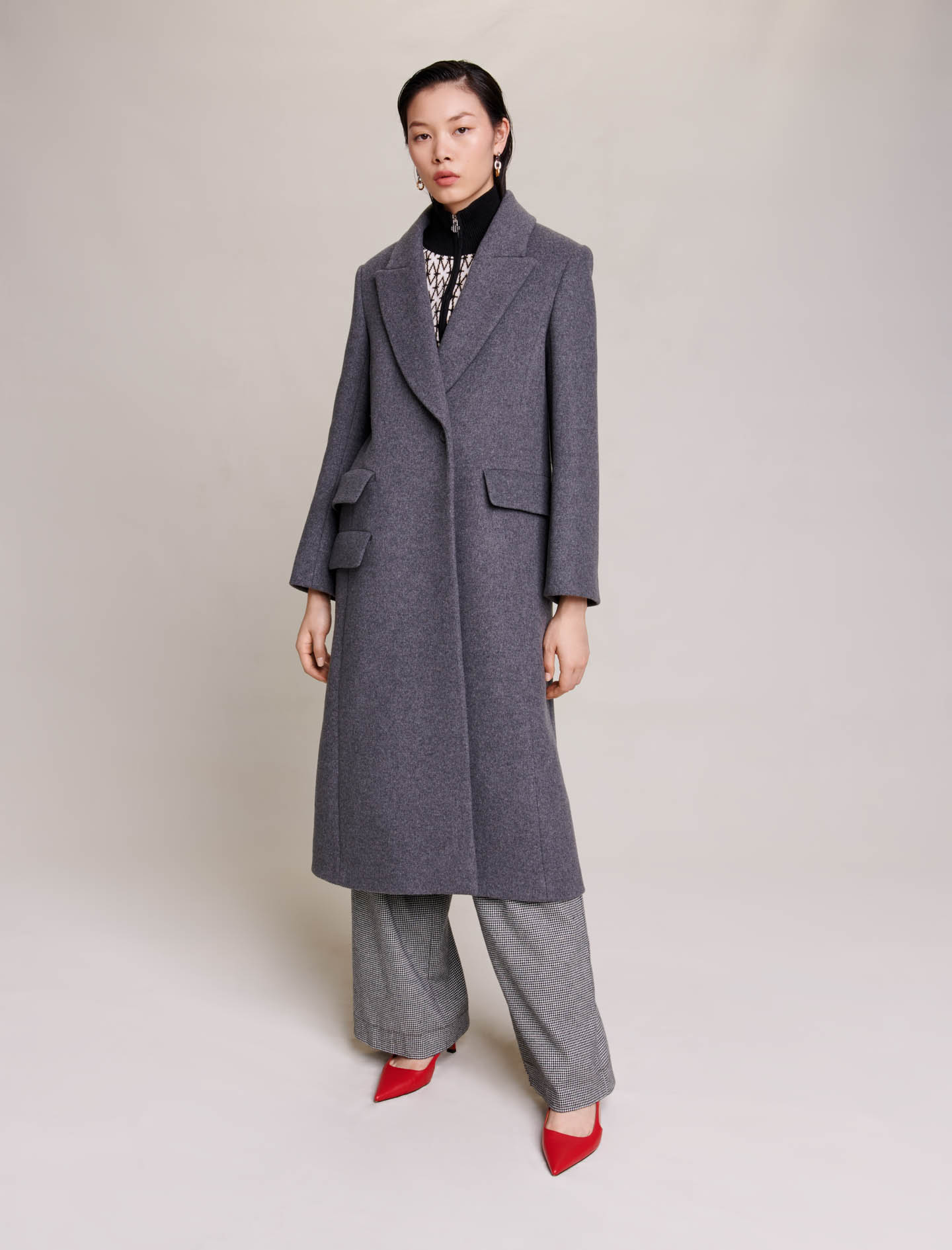 Maje Woman's wool, Long coat for Fall/Winter, in color Grey / Grey