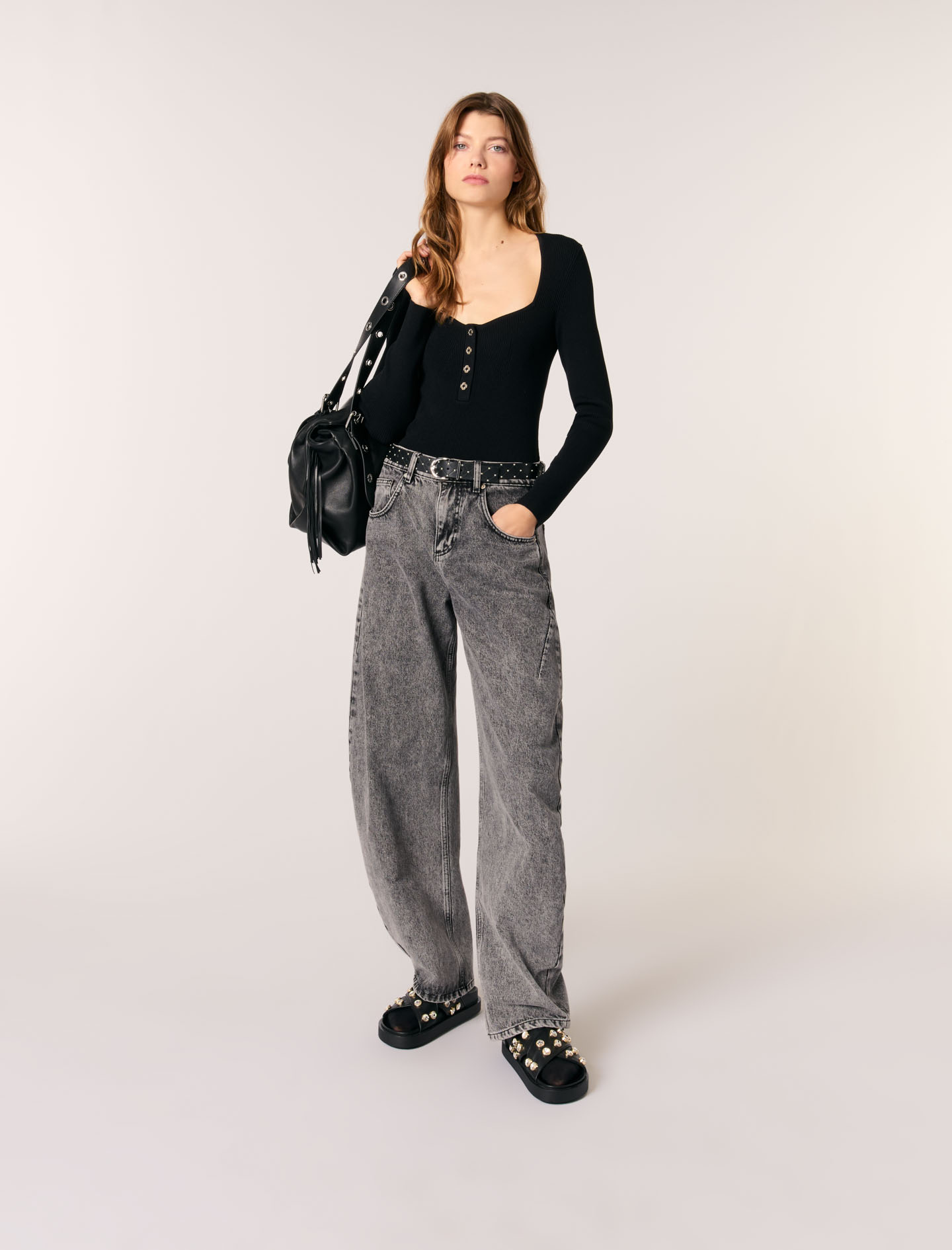 Maje Woman's viscose Low-neck rib knit sweater for Spring/Summer, in color Black / Black