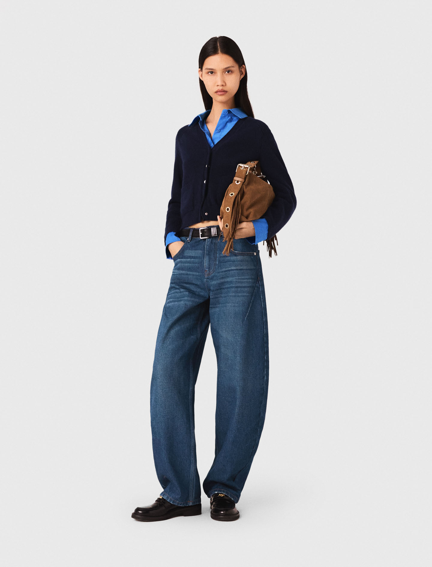 Maje Woman's cotton Balloon jeans with martingale for Fall/Winter, in color Blue / Blue