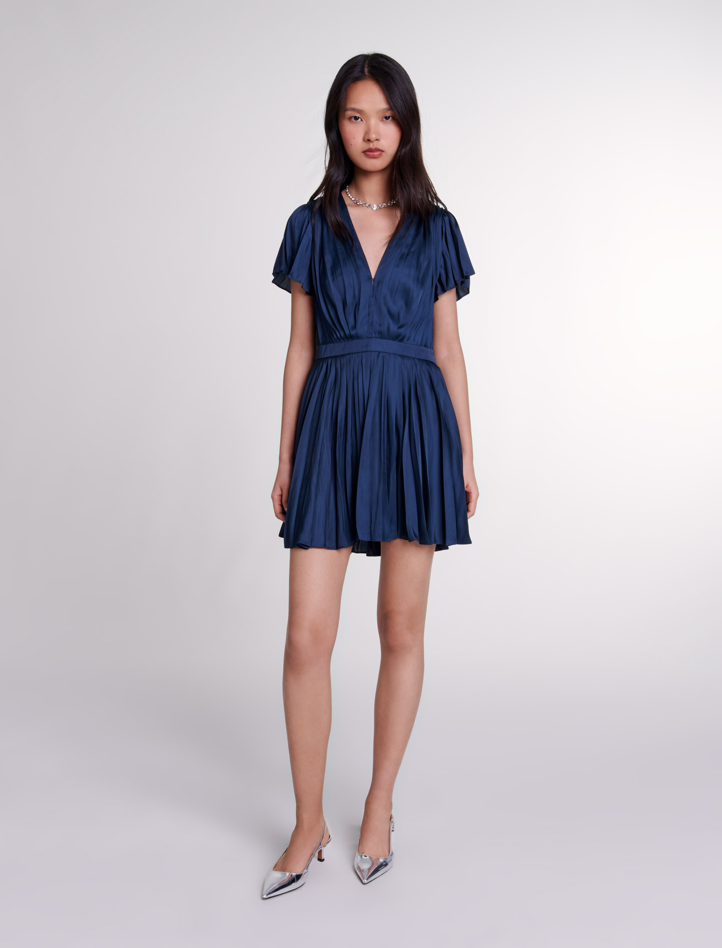 Woman's polyester Short pleated dress for Fall/Winter, size Woman-Dresses-US XL / FR 41, in color Navy / Blue