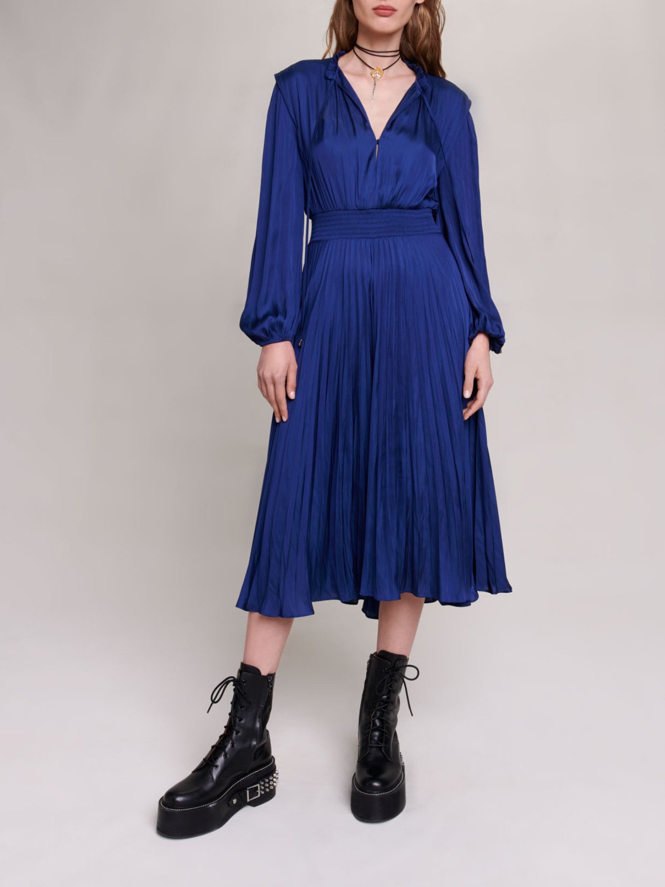 Maje Woman's polyester Pleated and satiny midi dress for Fall/Winter, in color Klein Blue /