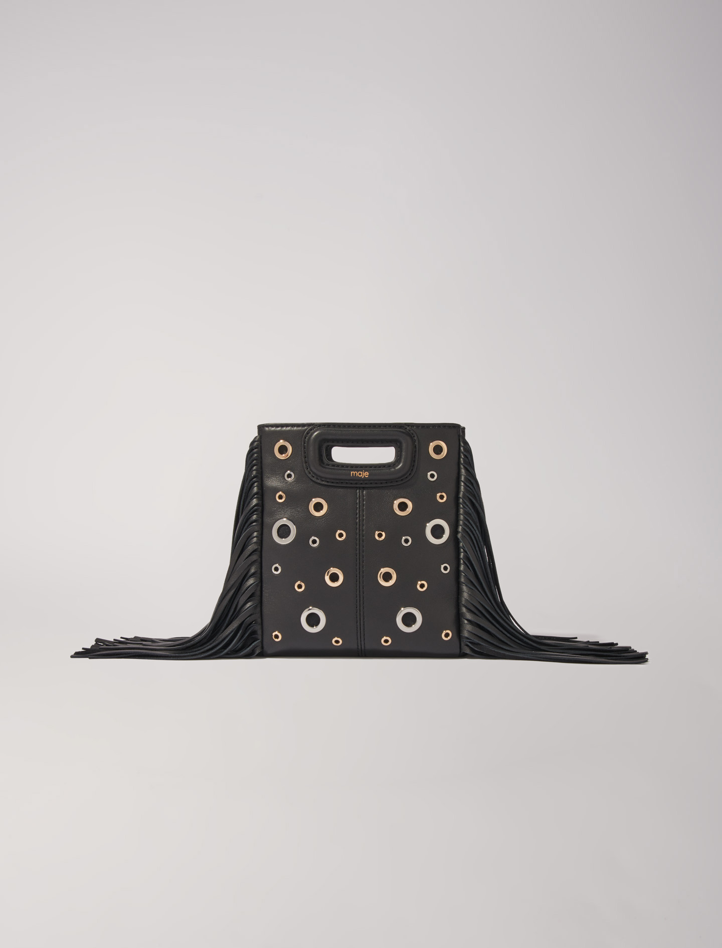 Shop Maje Woman's Polyester Chain: Leather M Mini Bag With Eyelets For Fall/winter In Black