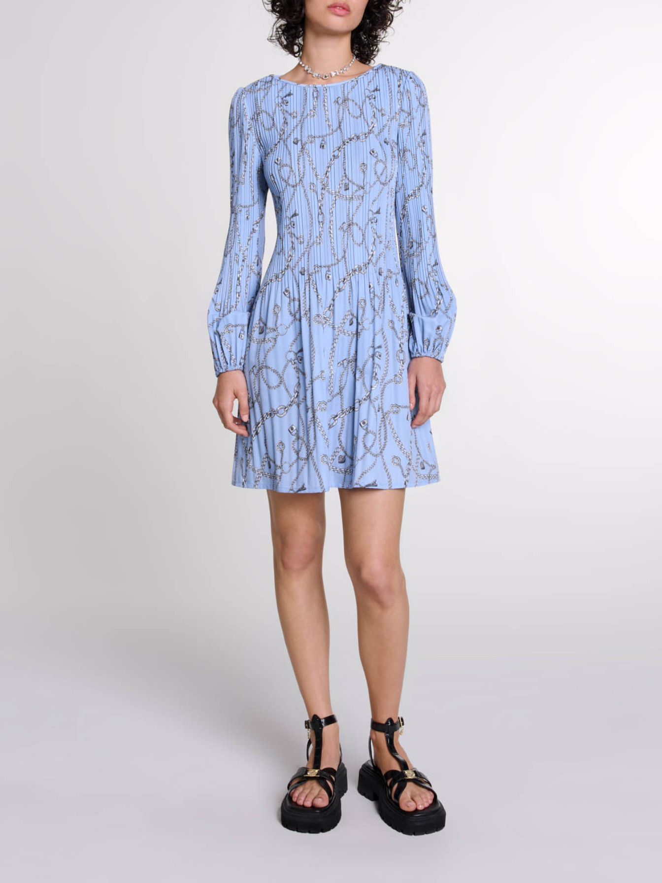 open lace back dress Chain Multi-Print Pleated Midi Dress with Belt S