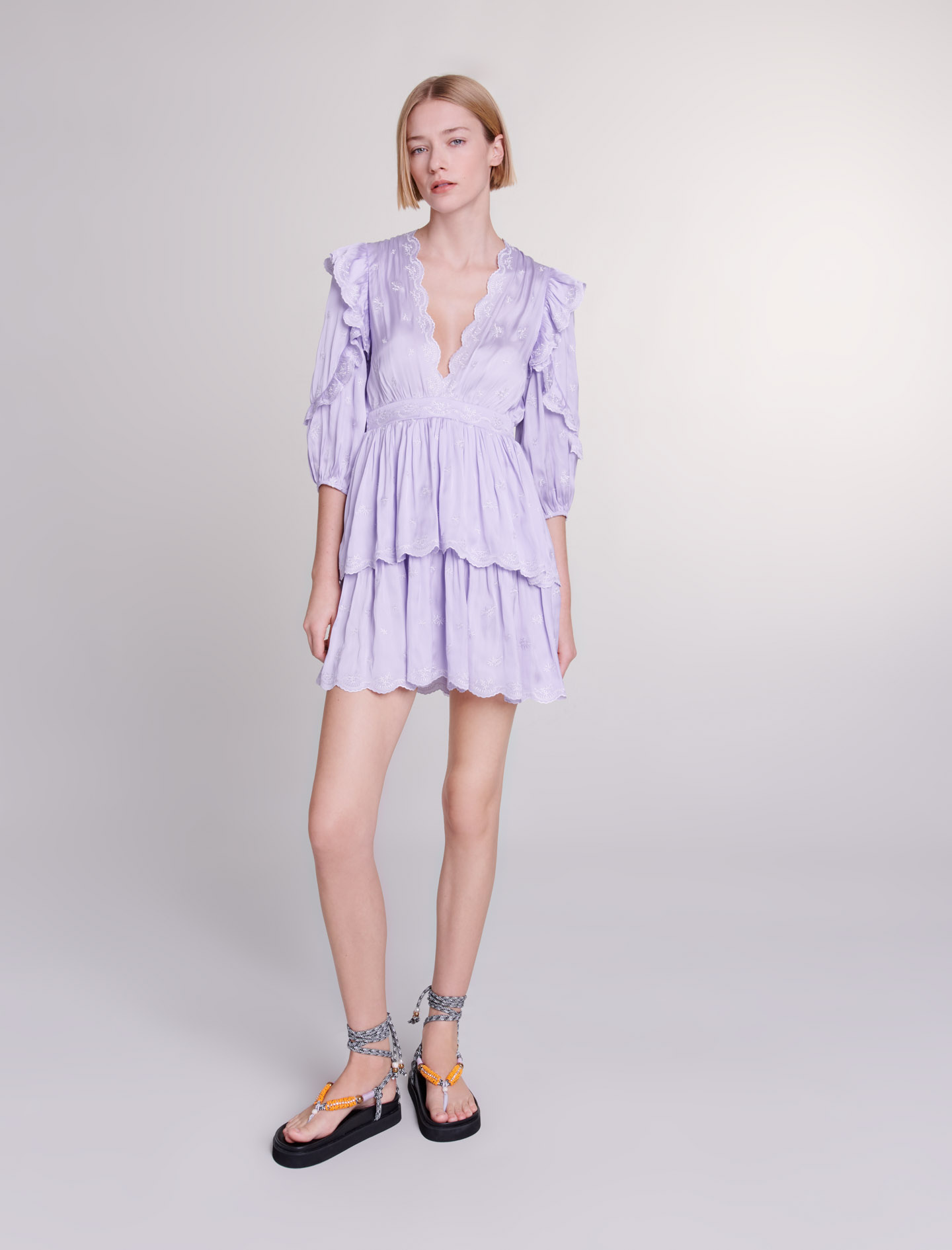 Maje Woman's polyester Embroidery: Short satin-look embroidered dress, in color Parma Violet / Red