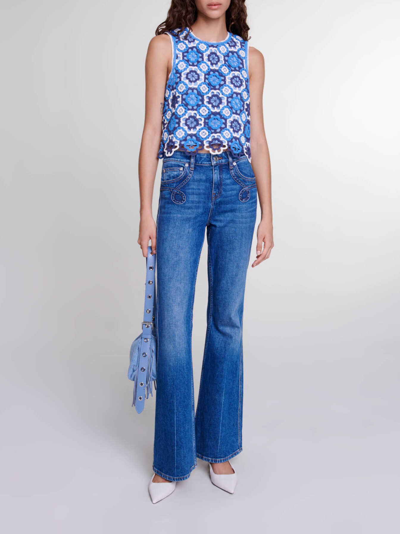 Maje Woman's cotton Three-tone crochet top for Spring/Summer, in color Blue / Blue