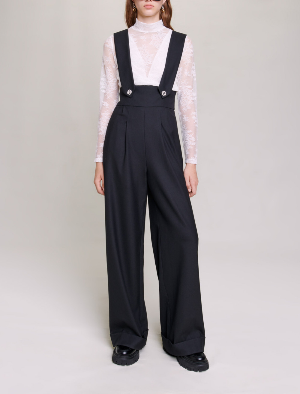 Maje Woman's polyester Wide-leg trousers with braces for Fall/Winter, in color Black / Black