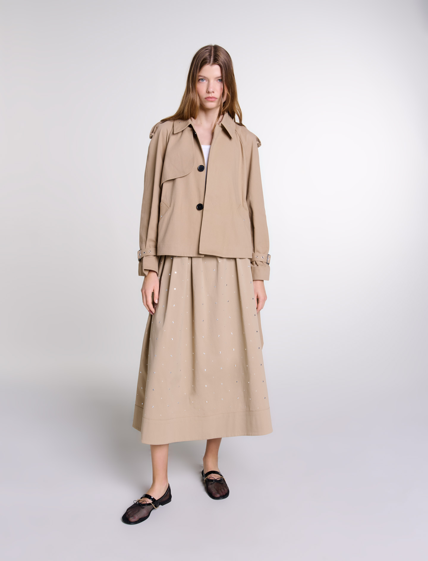 Woman's cotton Pocket lining: Short studded trench coat for Fall/Winter, size Woman-Coats-US XL / FR 41, in color Beige / Beige
